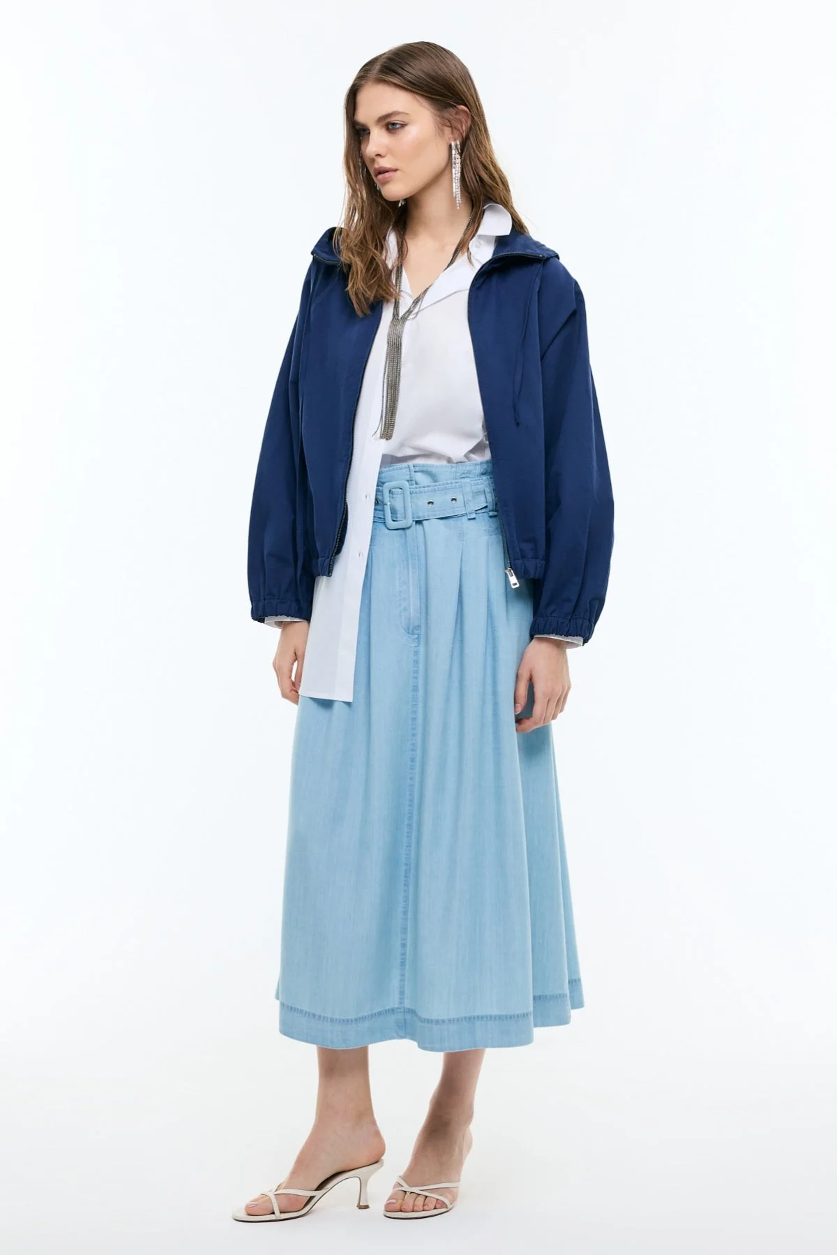 Önü Fermuarlarlı Kapüşonlu Mont Lacivert - 3