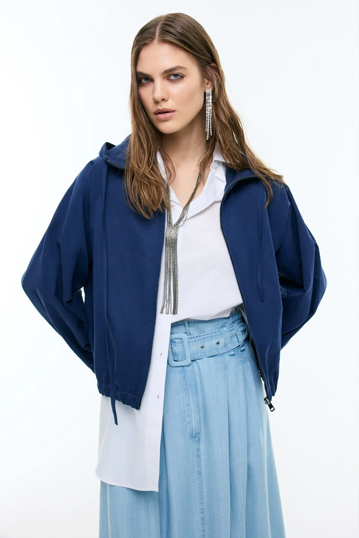 Önü Fermuarlarlı Kapüşonlu Mont Lacivert - 1