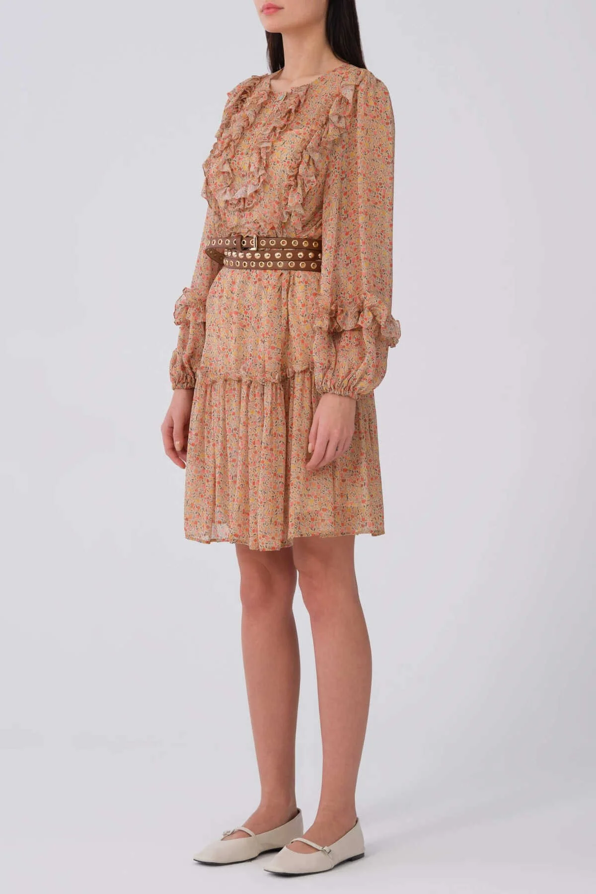 Önü Fırfırlı Uzun Kol Çiçek Desenli Günlük Elbise Standart Renk - 3