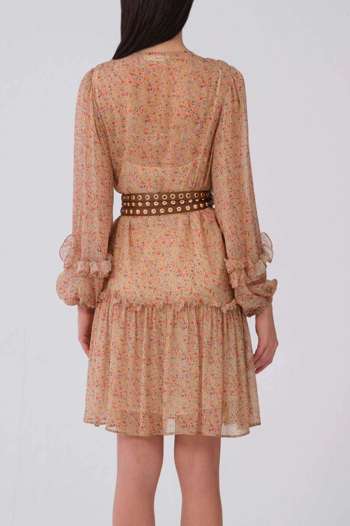 Önü Fırfırlı Uzun Kol Çiçek Desenli Günlük Elbise Standart Renk - 2