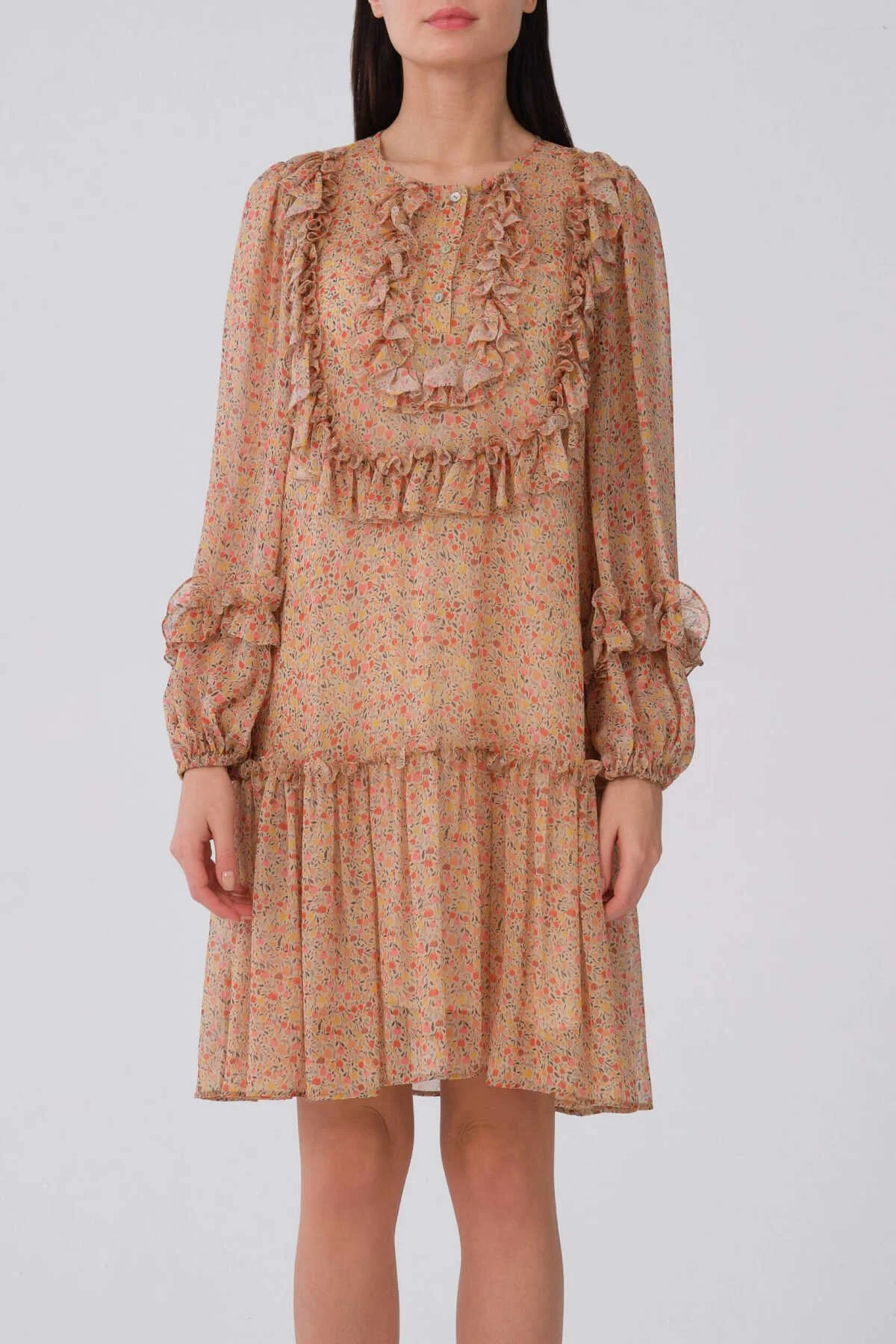 Önü Fırfırlı Uzun Kol Çiçek Desenli Günlük Elbise Standart Renk - 1