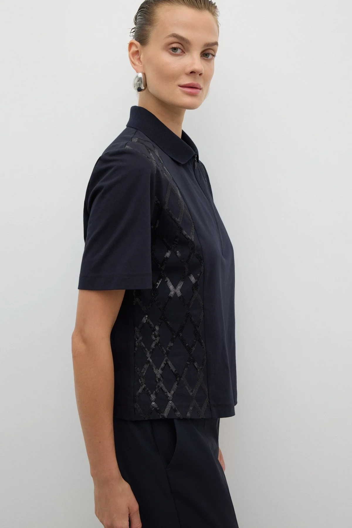 Önü Payet Nakışlı Polo Yaka T-shirt Lacivert - 5