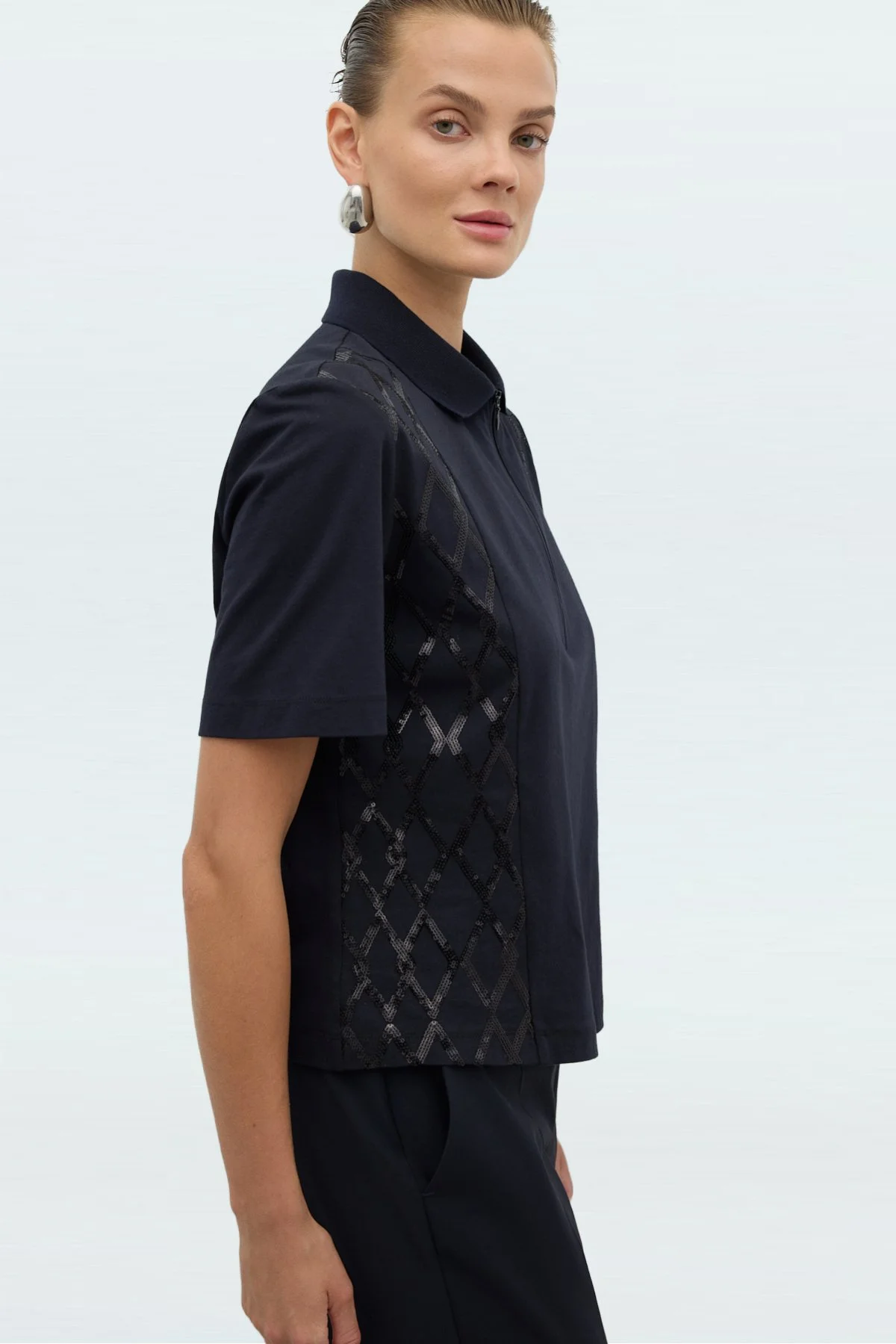 Önü Payet Nakışlı Polo Yaka T-shirt Lacivert - 4