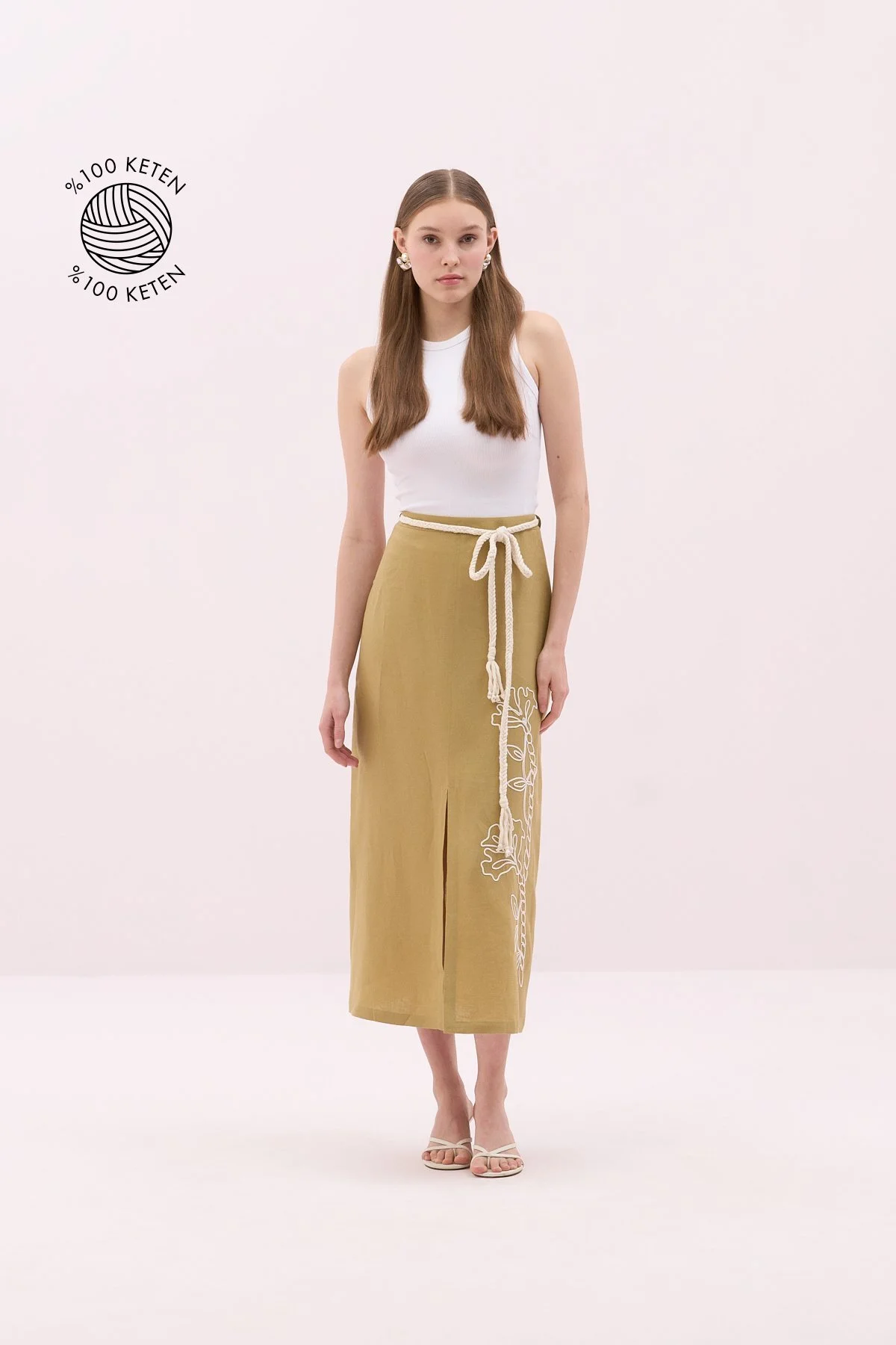 Örgü Kemerli Önü Nakış ve Yırtmaçlı Keten Midi Boy Etek Olive - 1