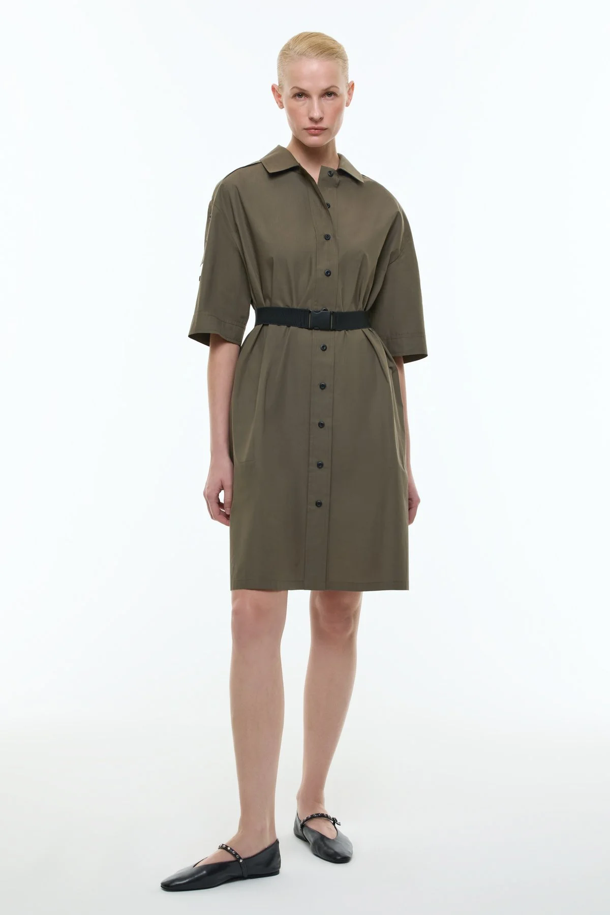 Palaska Kemerli Midi Boy Gömlek Elbise Haki - 1