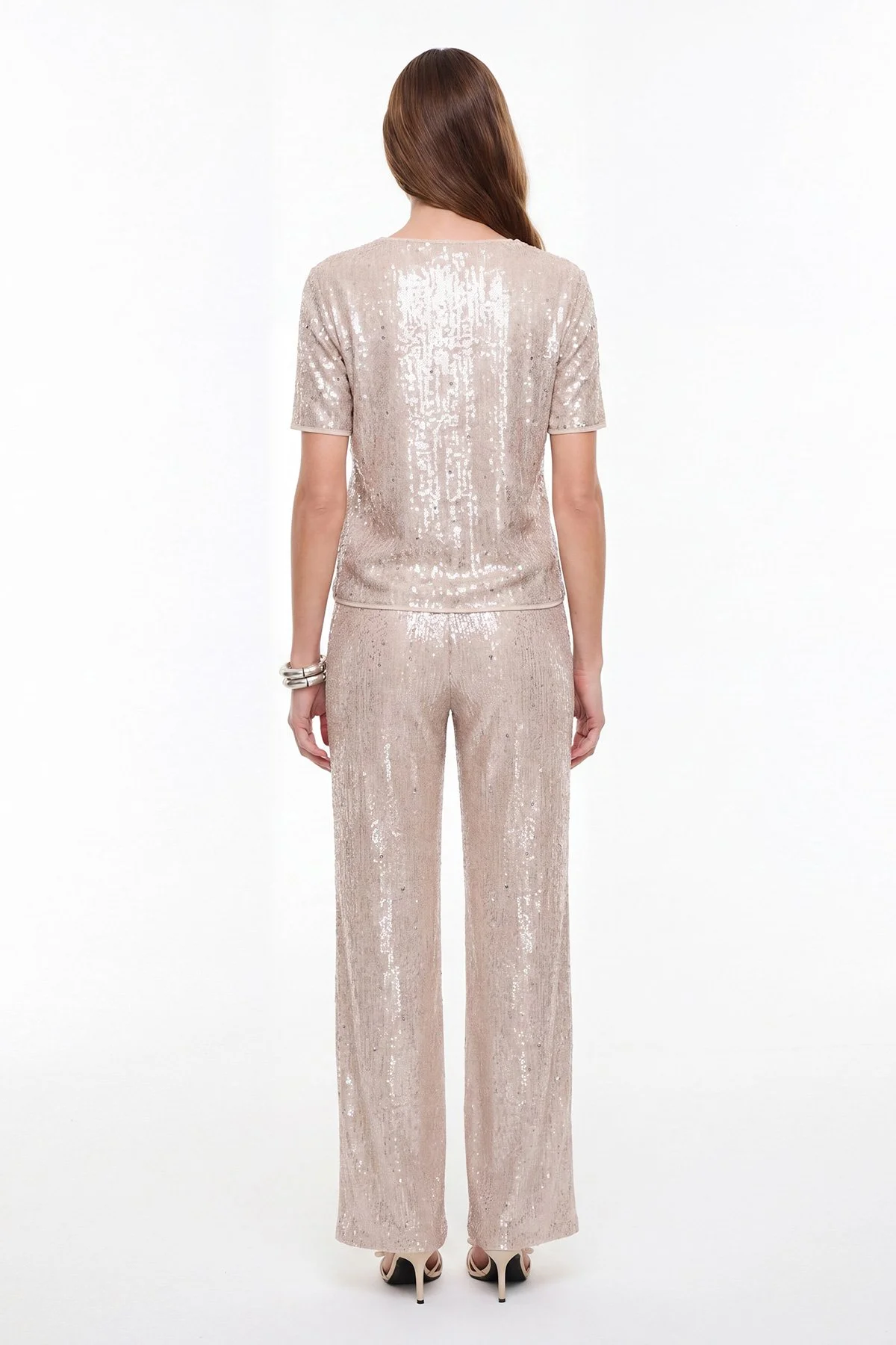 Payetli Bisiklet Yaka Bluz Bej - 2