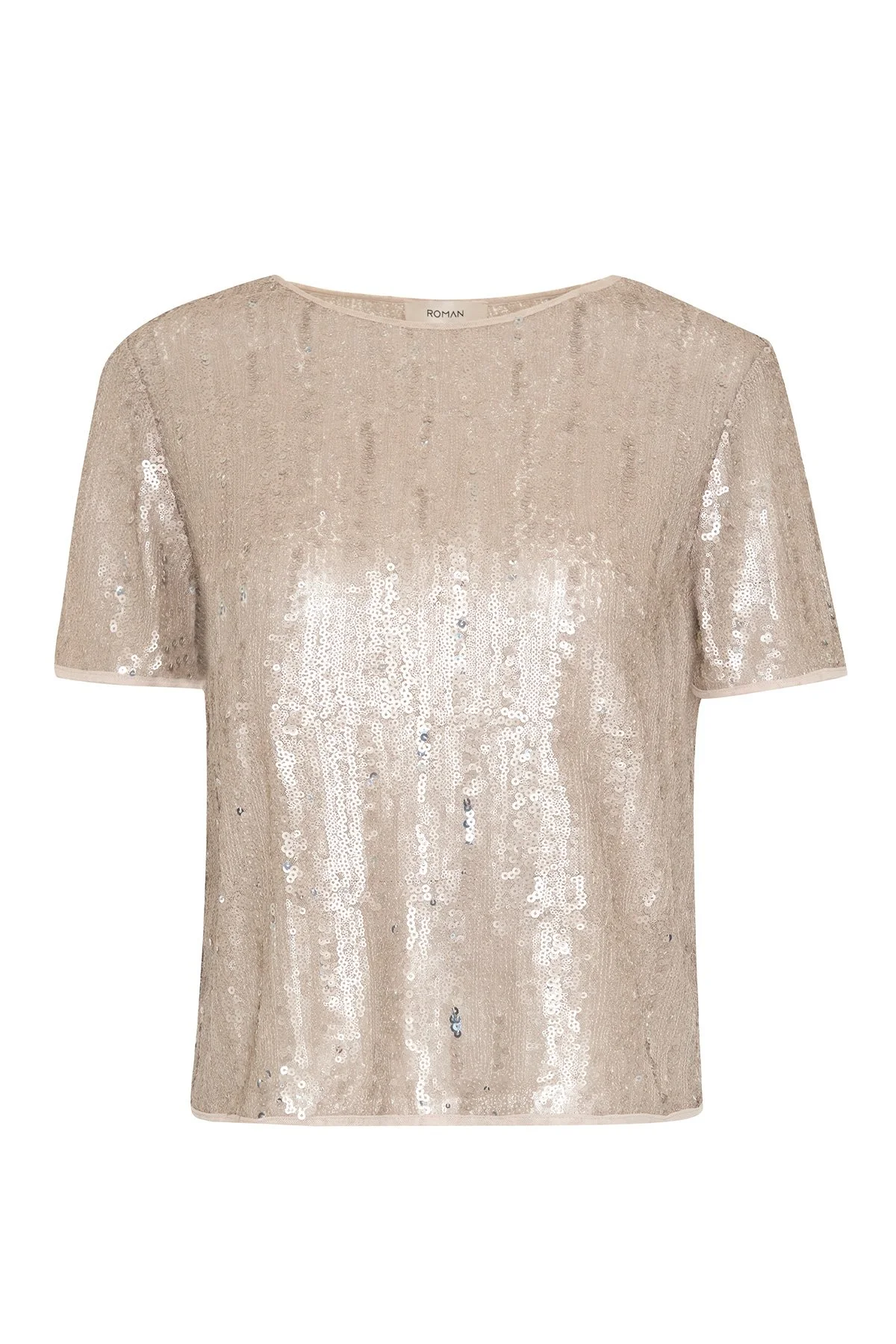 Payetli Bisiklet Yaka Bluz Bej - 5