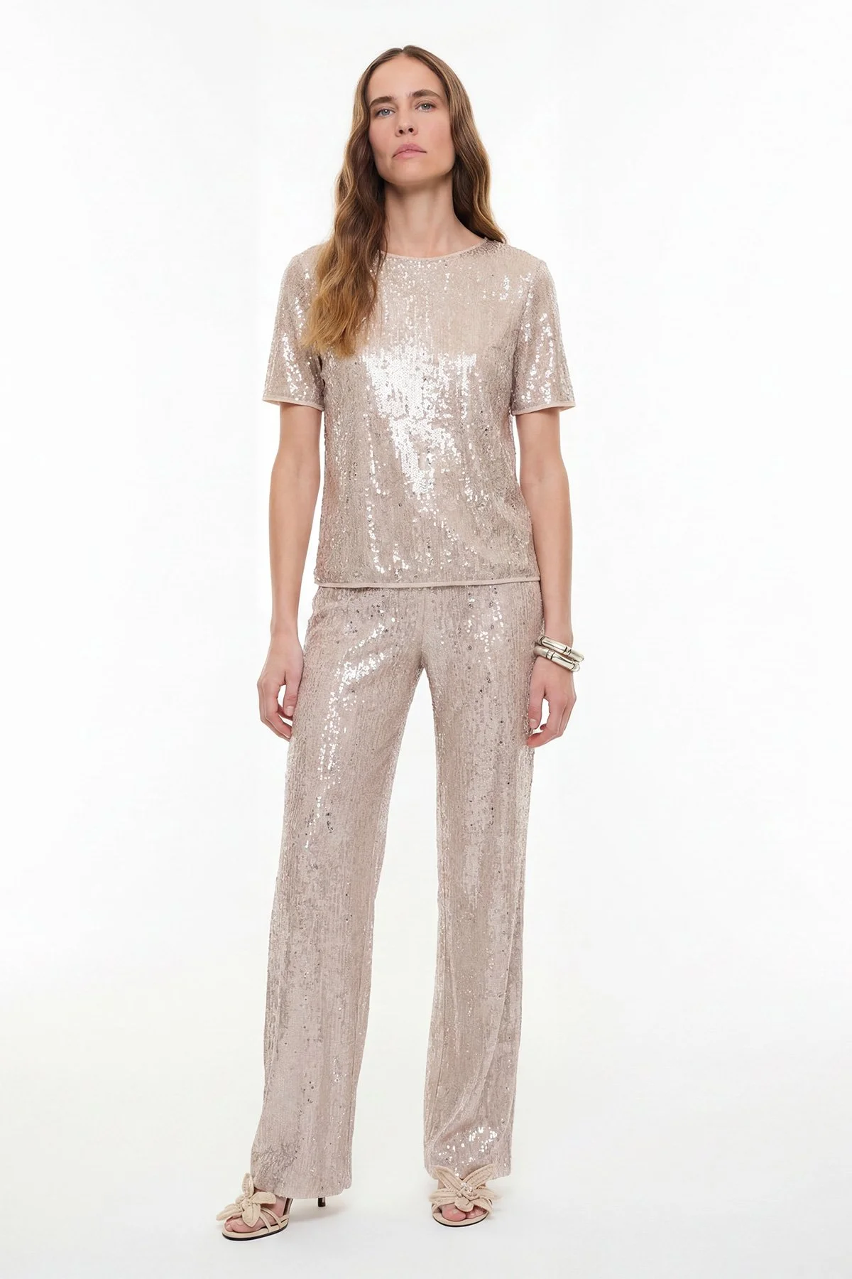 Payetli Bisiklet Yaka Bluz Bej - 1