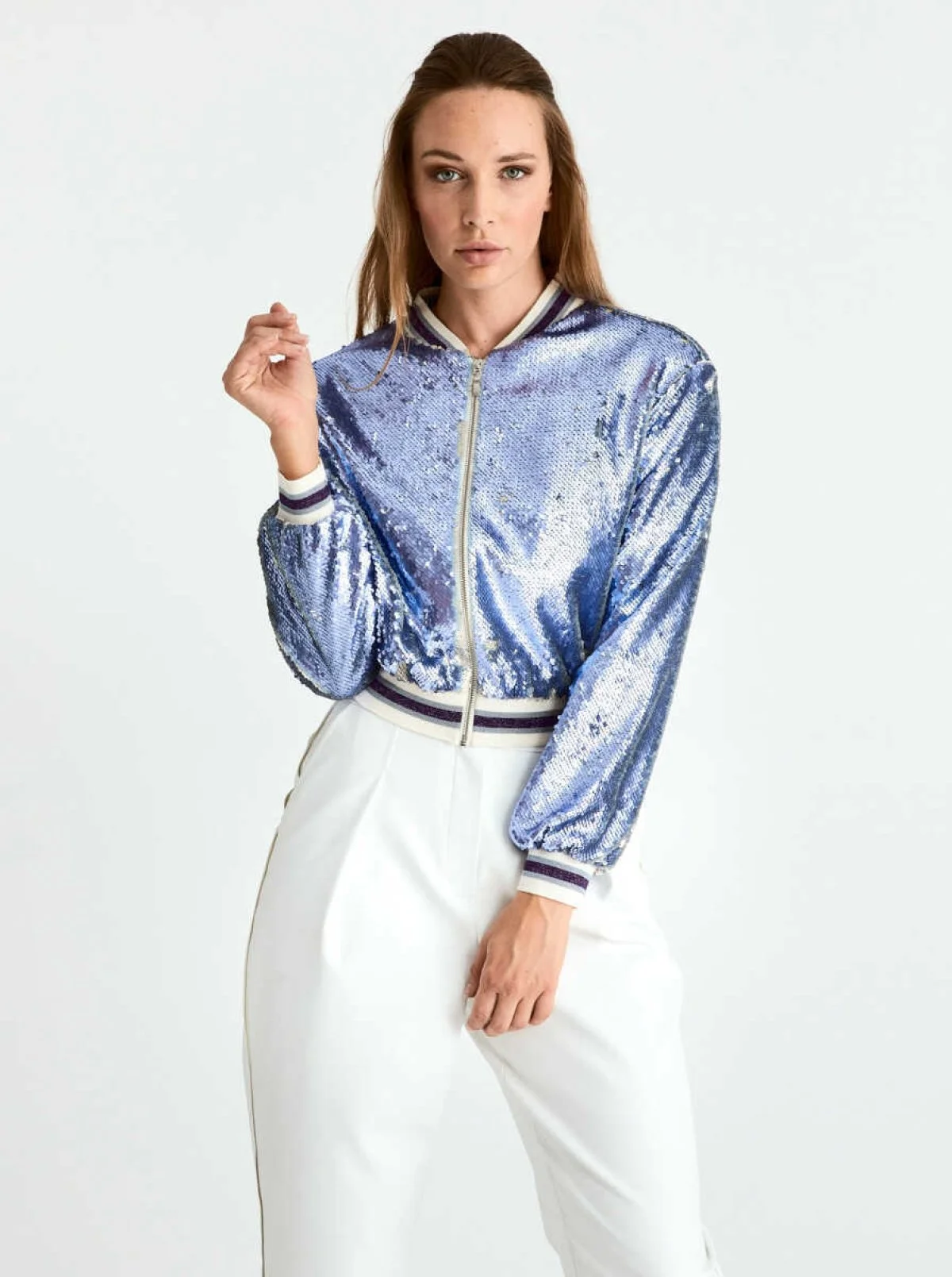  Payetli Bomber Ceket Lila - Gri - 1