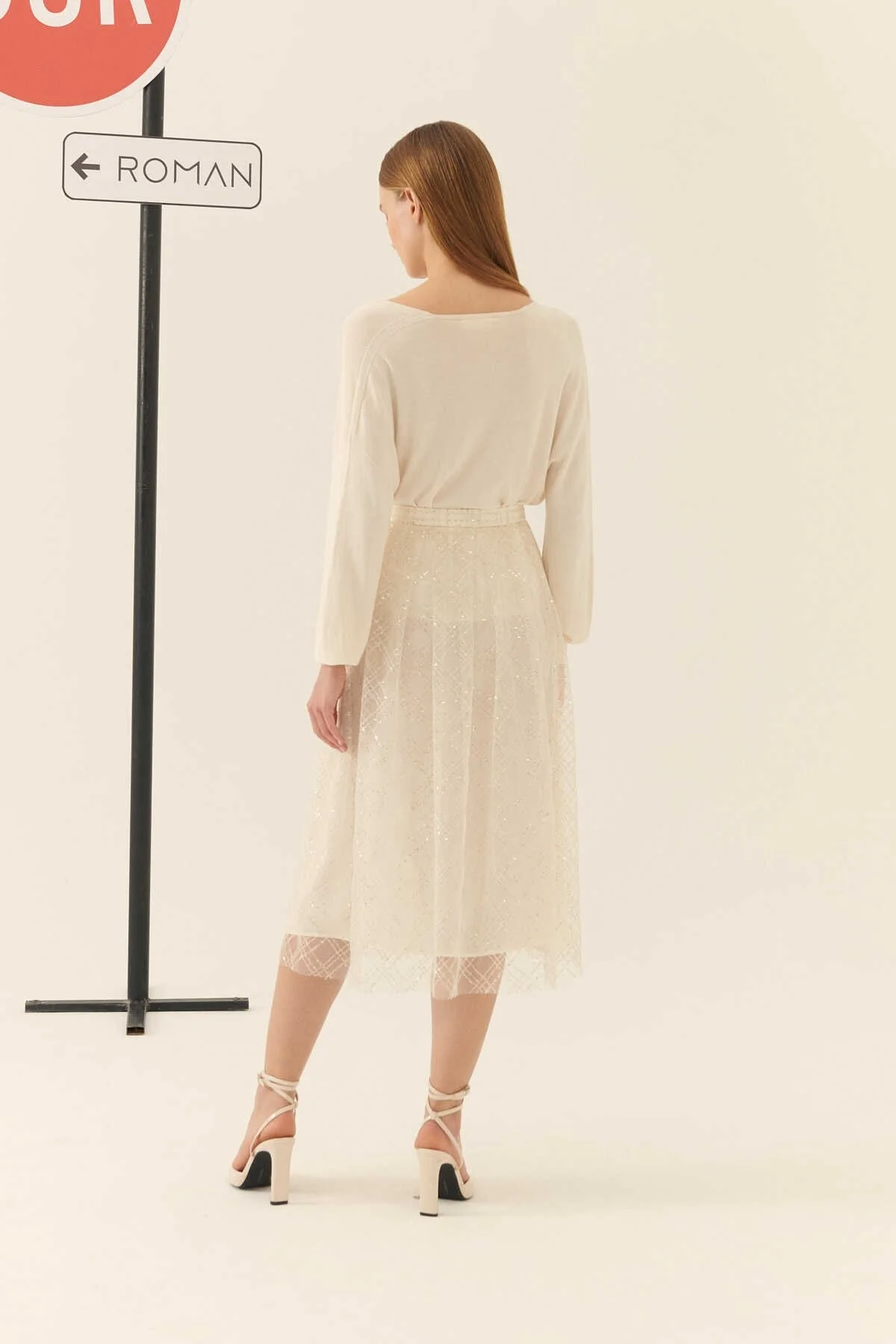  Payetli Midi Etek Ekru - 2