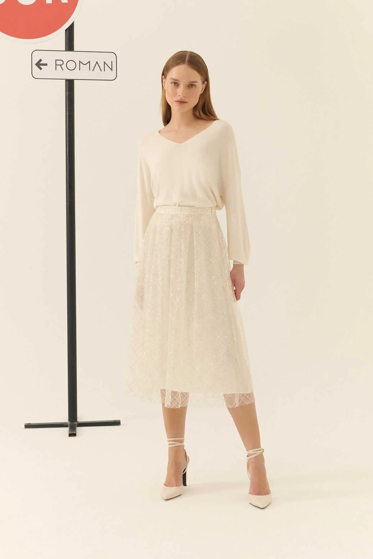  Payetli Midi Etek Ekru - 1