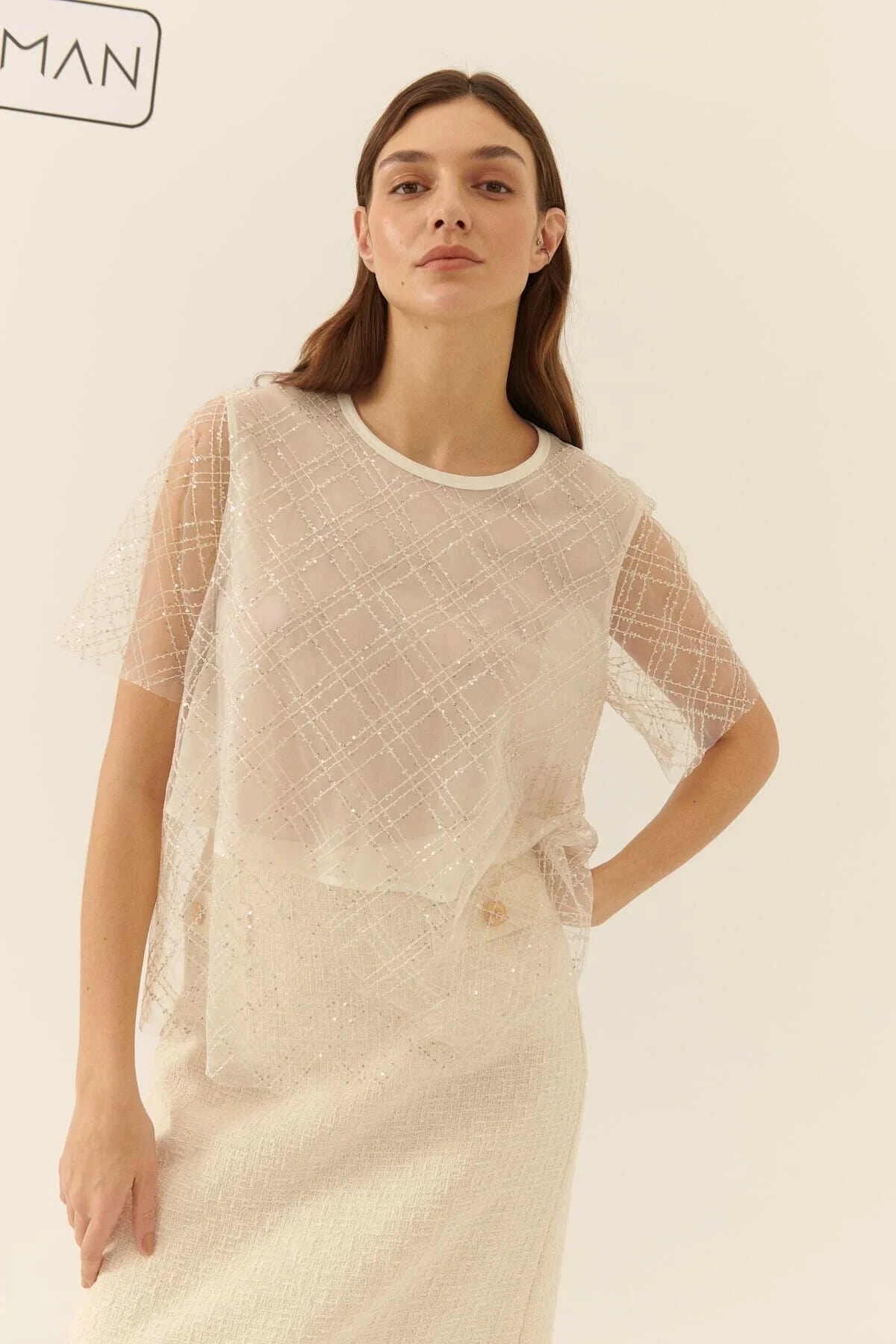  Payetli Transparan Bluz Ekru - 1