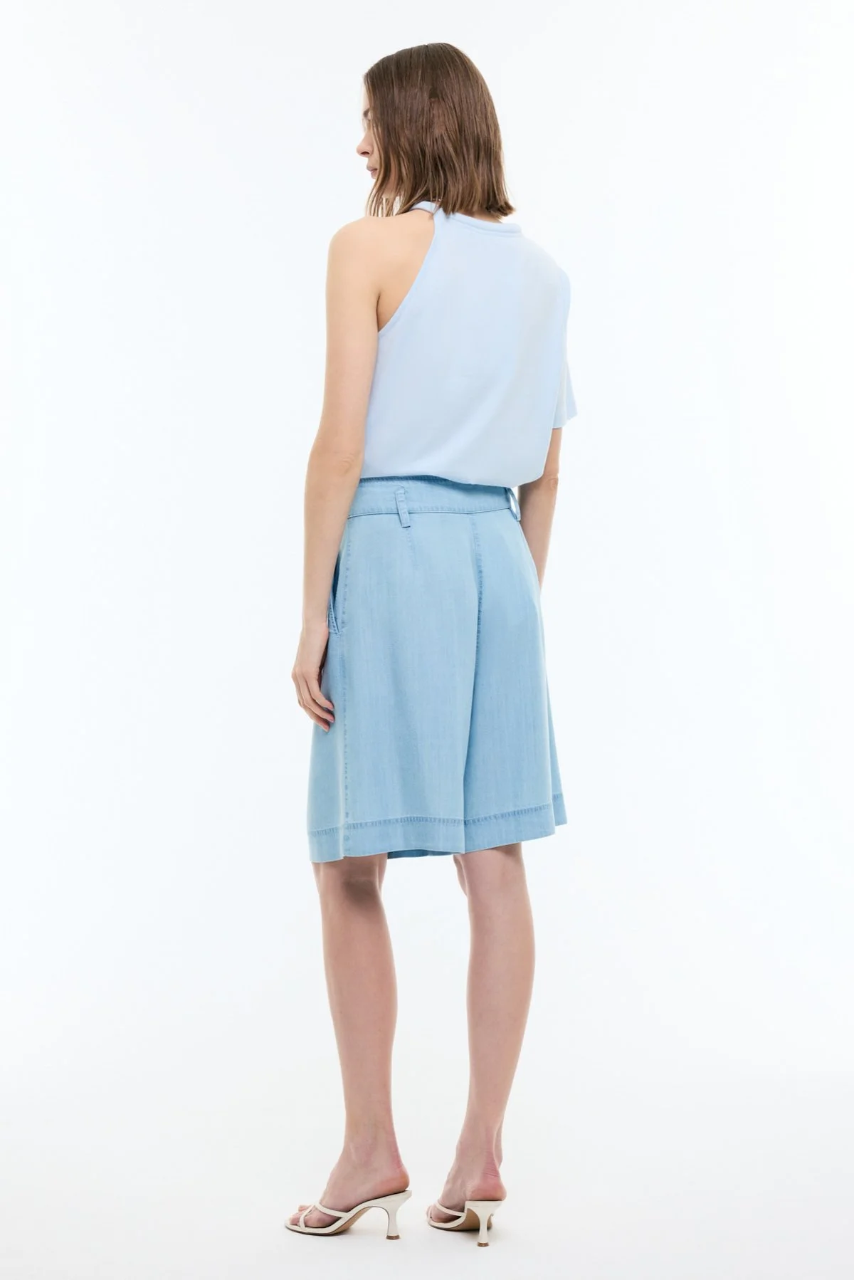 Pileli Denim Bermuda Pantolon Mavi - 2