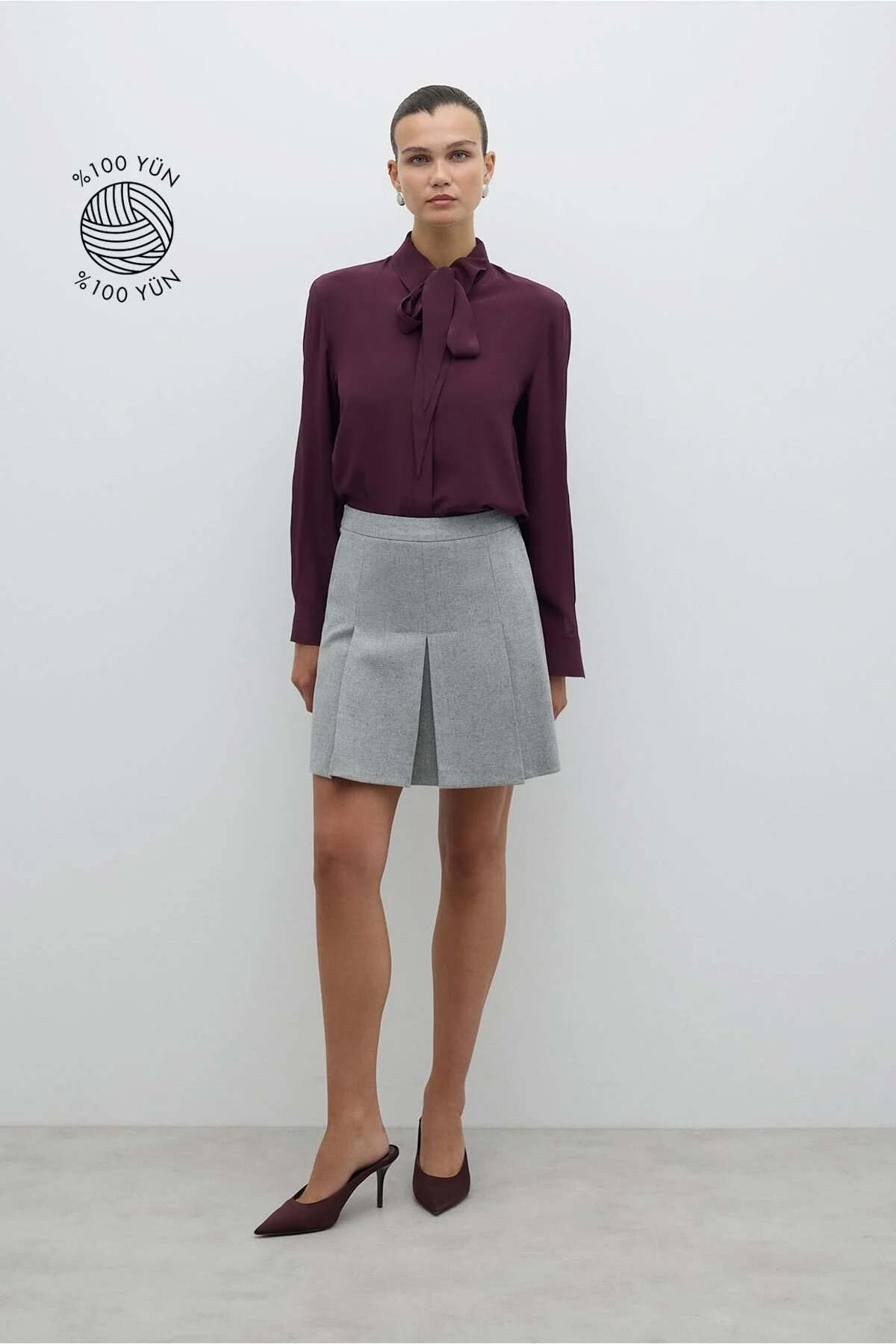 Pileli Yün Mini Etek Gri - 1