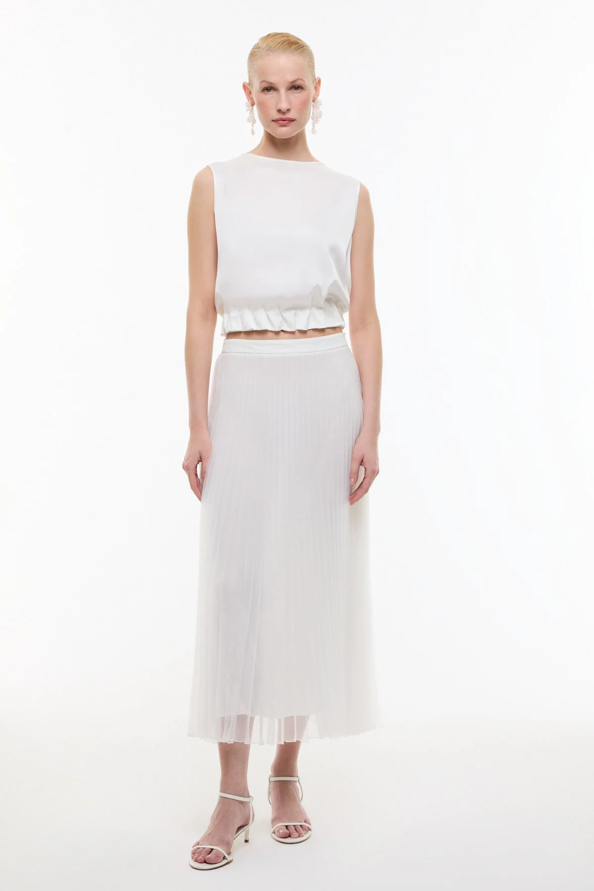 Piliseli Midi Boy Organze Etek Beyaz - 1