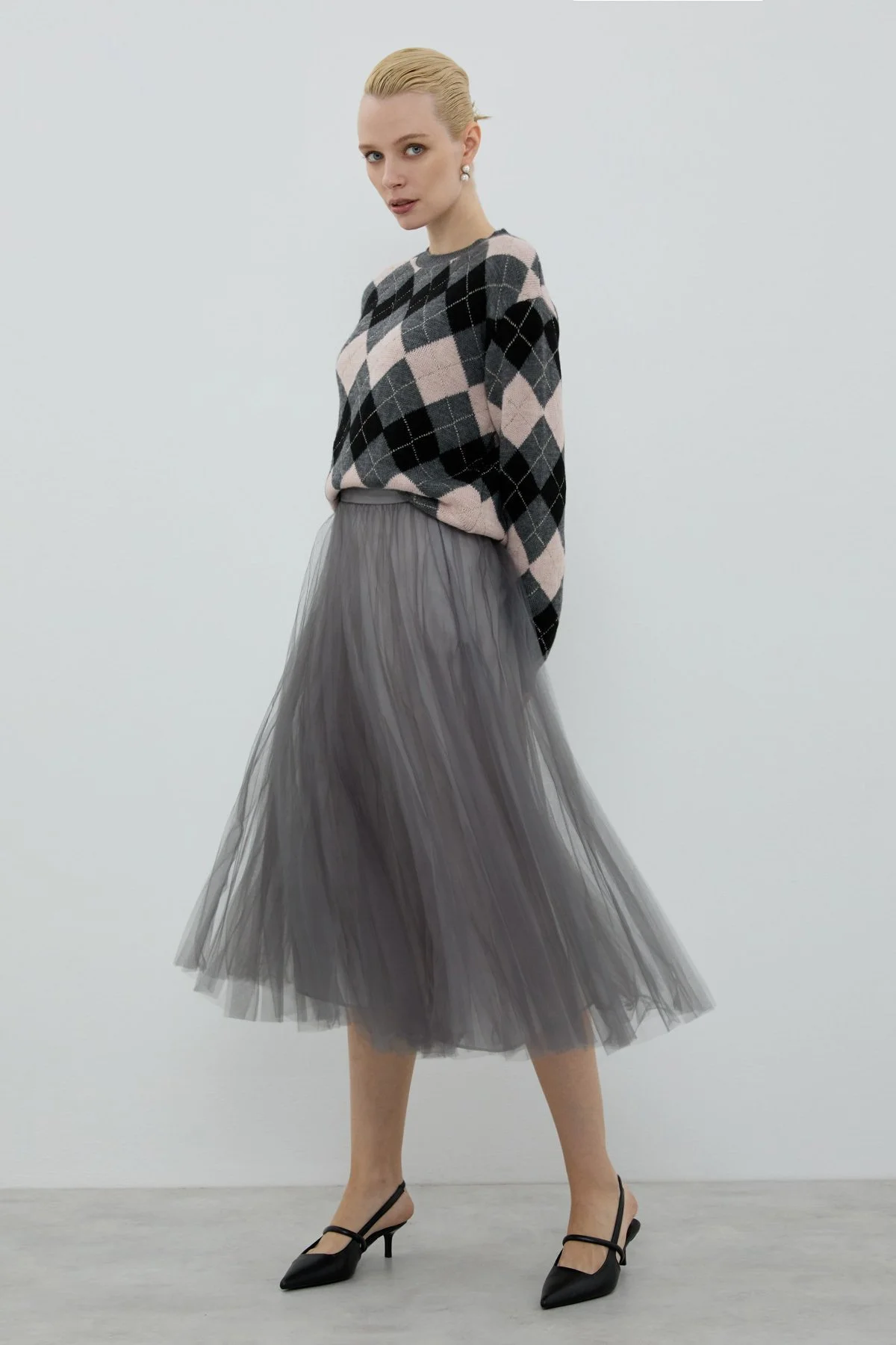 Piliseli Midi Boy Tül Etek Antrasit - 1