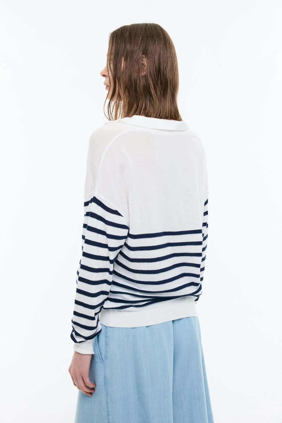 Polo Yaka Çizgi Desenli Bluz Lacivert - Beyaz - 2