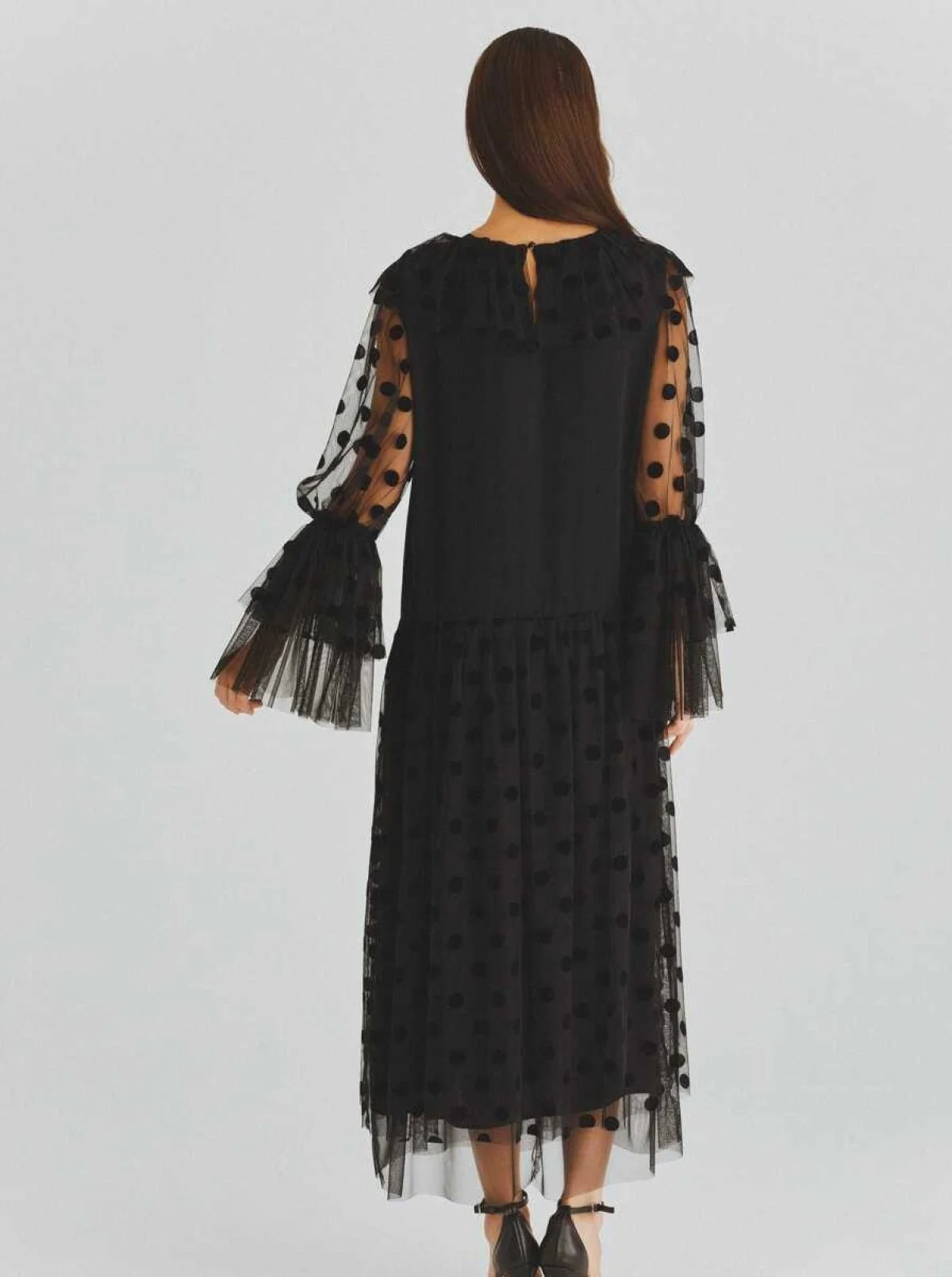  Puantiyeli Tül Detaylı Uzun Elbise Siyah - 2