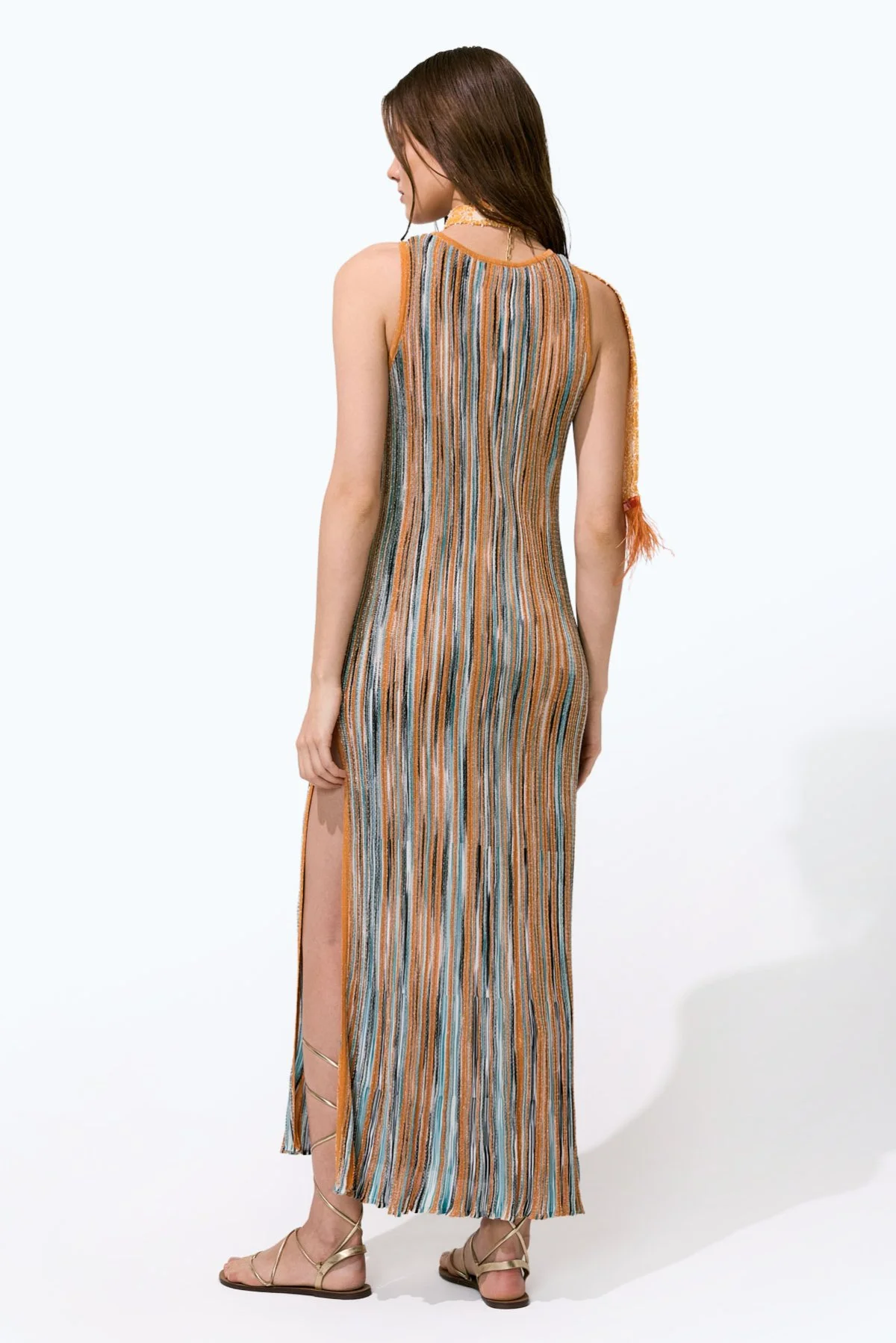 Simli Ajur Desenli Kolsuz Midi Boy Elbise Oranj - Multi - 2