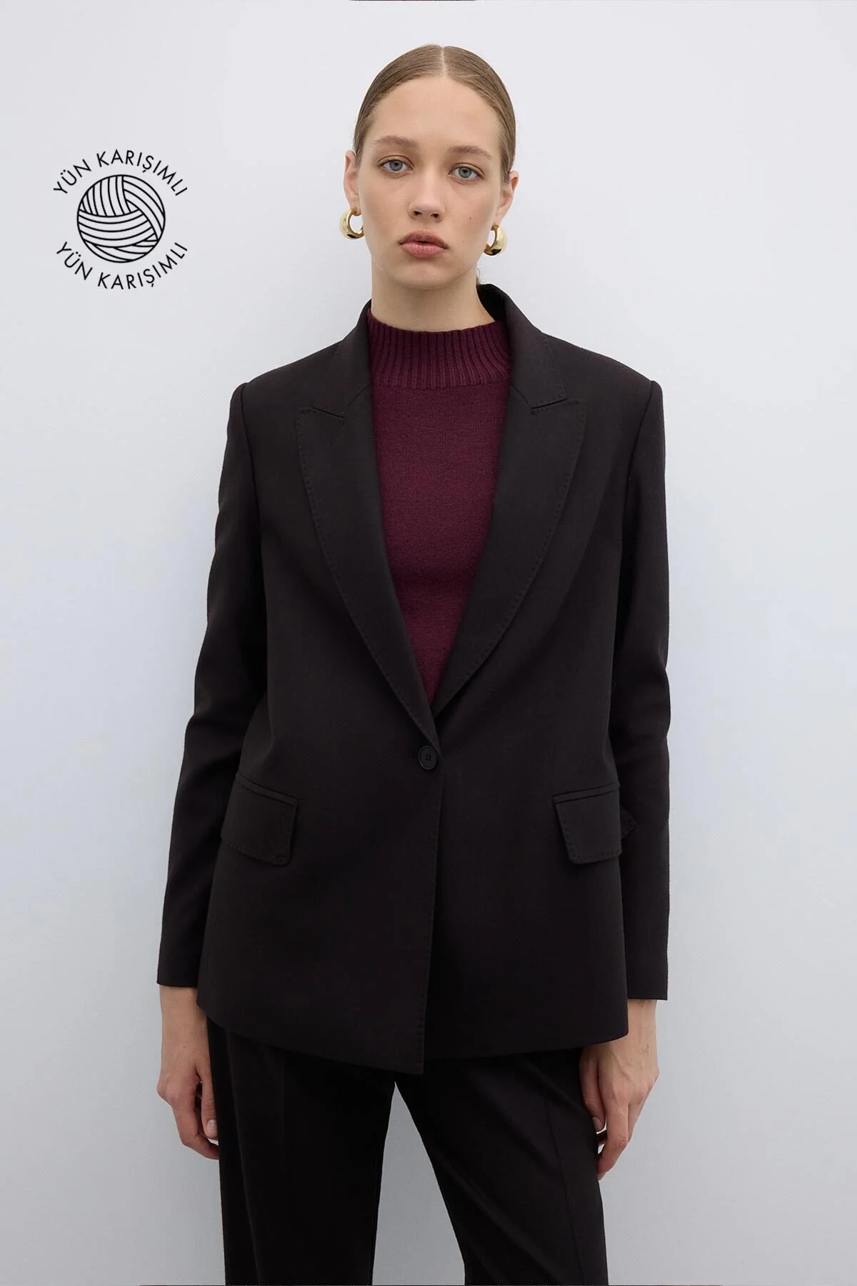 Punto Dikişli Tek Düğmeli Blazer Ceket Kahve - 1