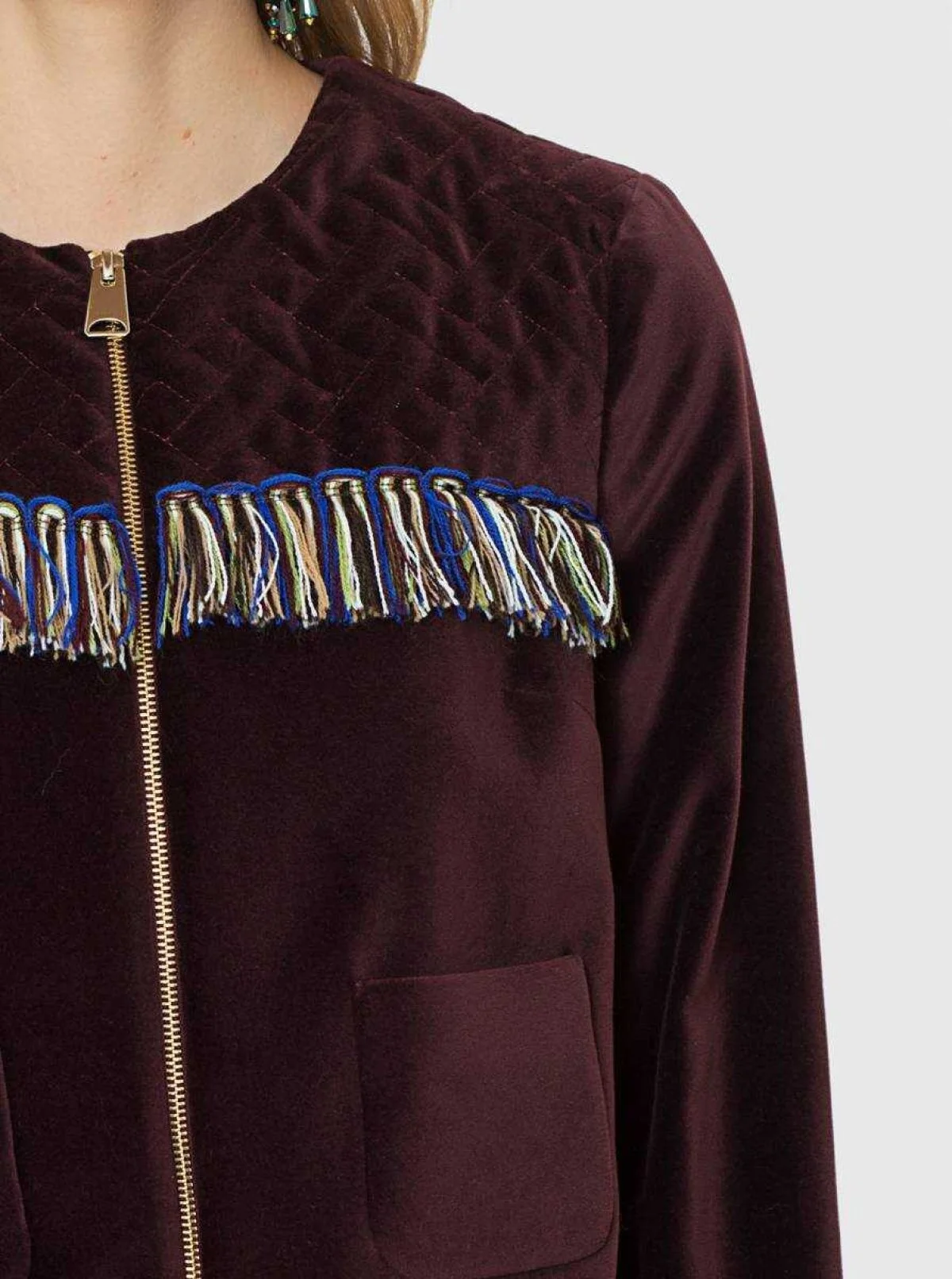  Püskül Detaylı Fermuarlı Ceket Bordo - 4