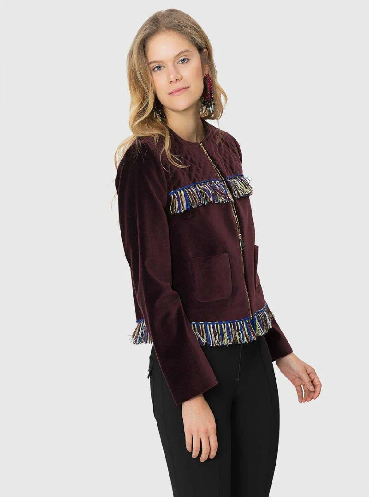  Püskül Detaylı Fermuarlı Ceket Bordo - 3