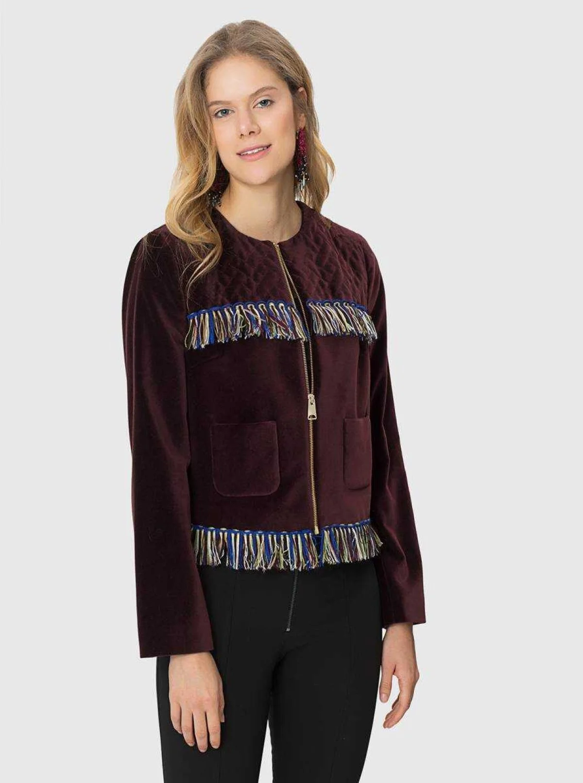 Püskül Detaylı Fermuarlı Ceket Bordo - 1
