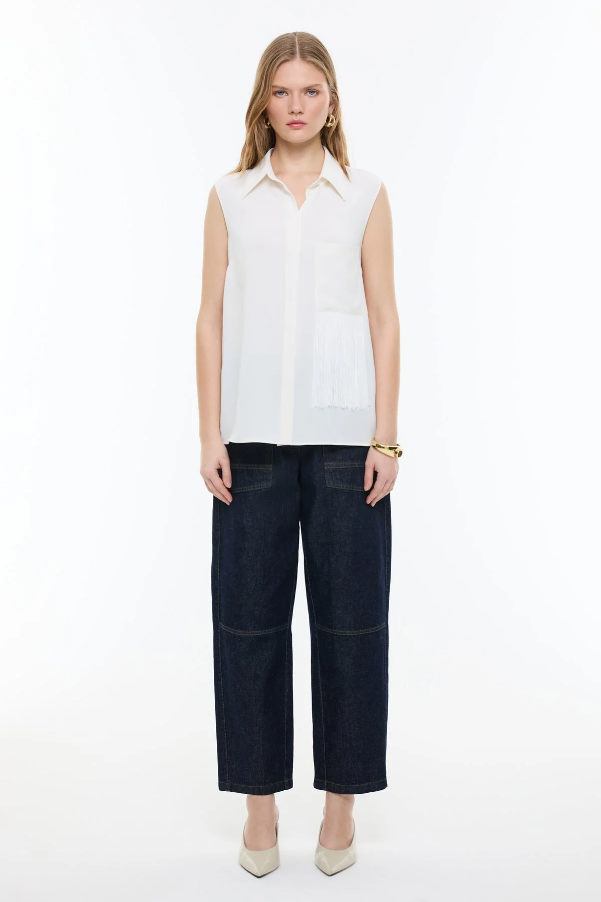 Püskül Detaylı Kolsuz Gömlek Ekru - 4