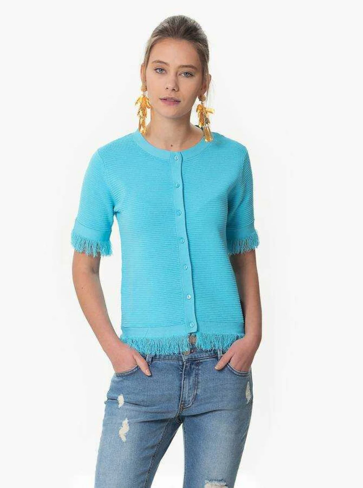 Püskül Detaylı Triko Hırka Turkuaz - 1