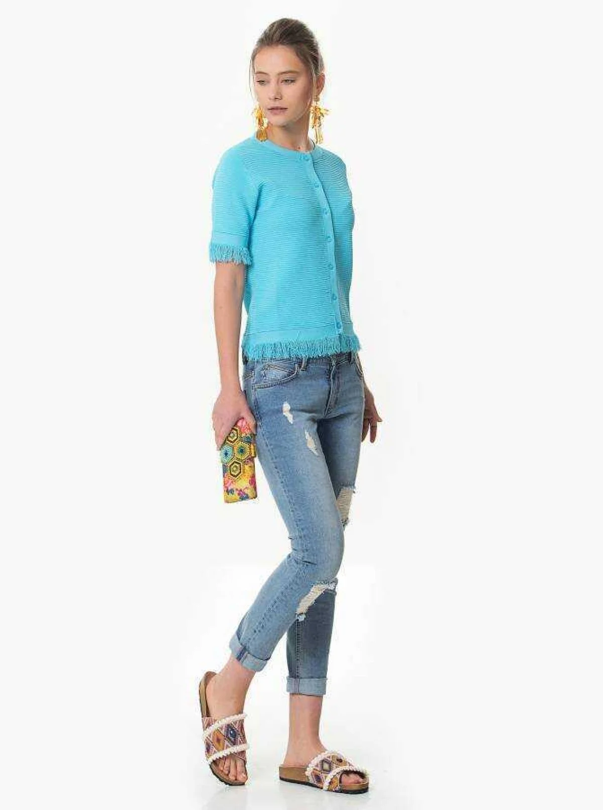 Püskül Detaylı Triko Hırka Turkuaz - 3