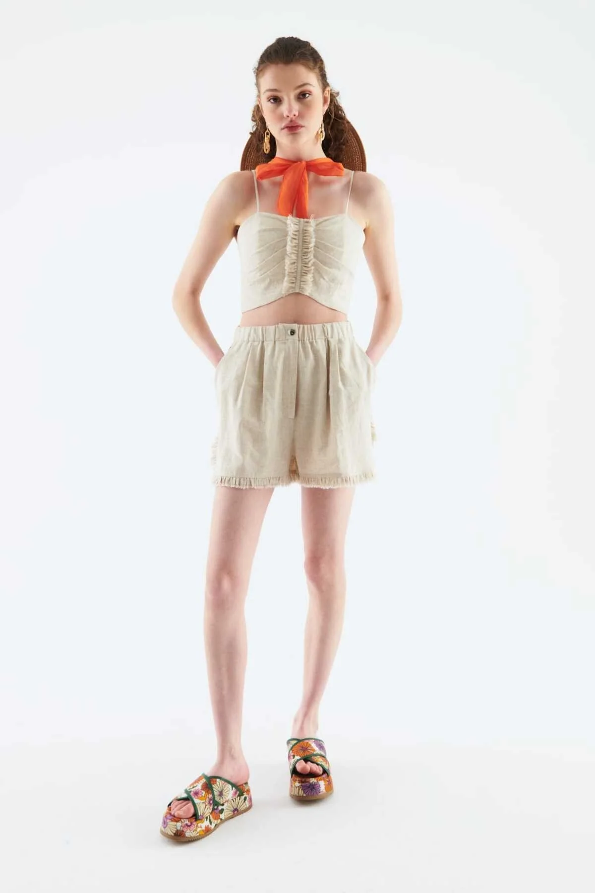 Püsküllü Kadın Şort Naturel - 1