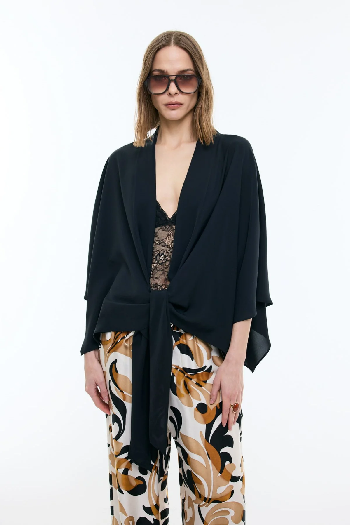 Şal Yakalı Yarasa Kol Kimono Siyah - 1
