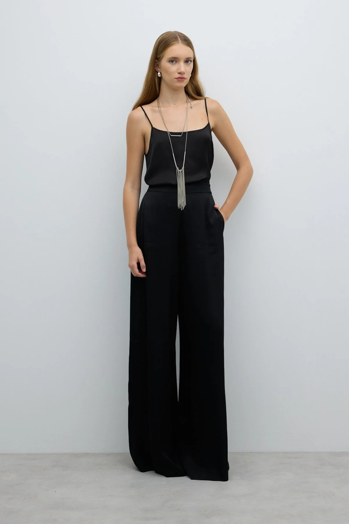 Saten Geniş Paça Pantolon Siyah - 1