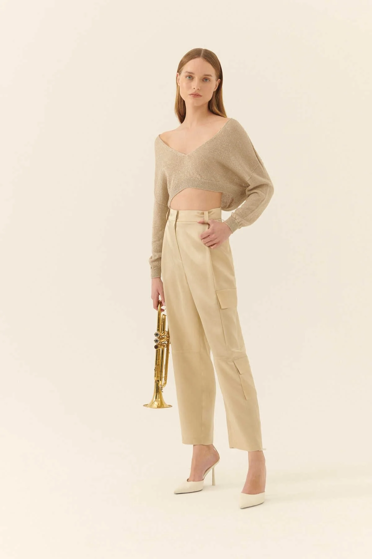  Saten Kargo Kadın Pantolon Bej - 1