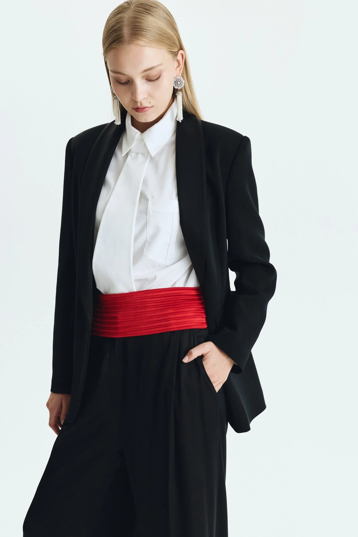 Saten Şal Yakalı Blazer Ceket Siyah - 4