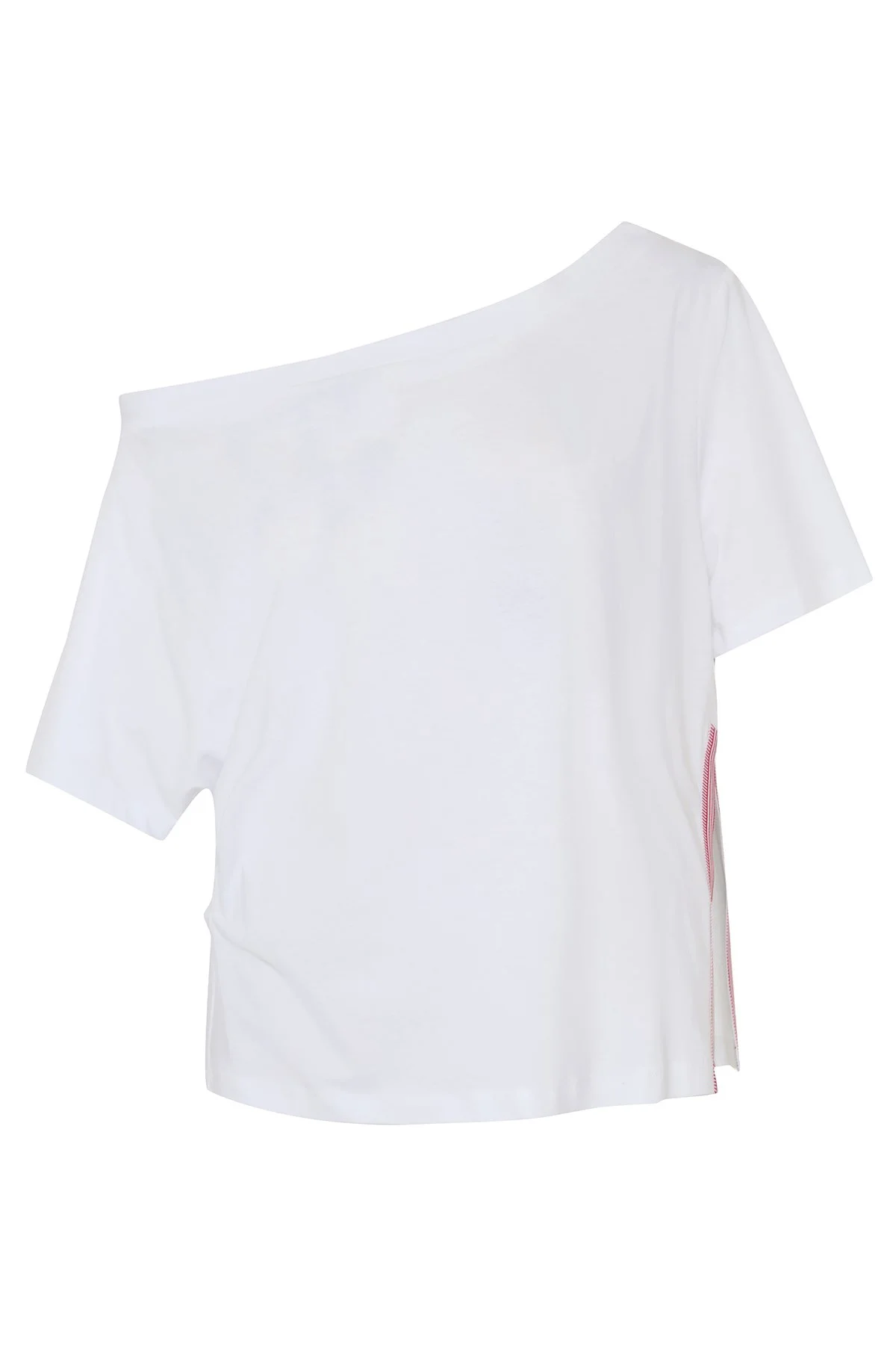 Şerit Detaylı Kayık Yaka T-shirt Beyaz - 3