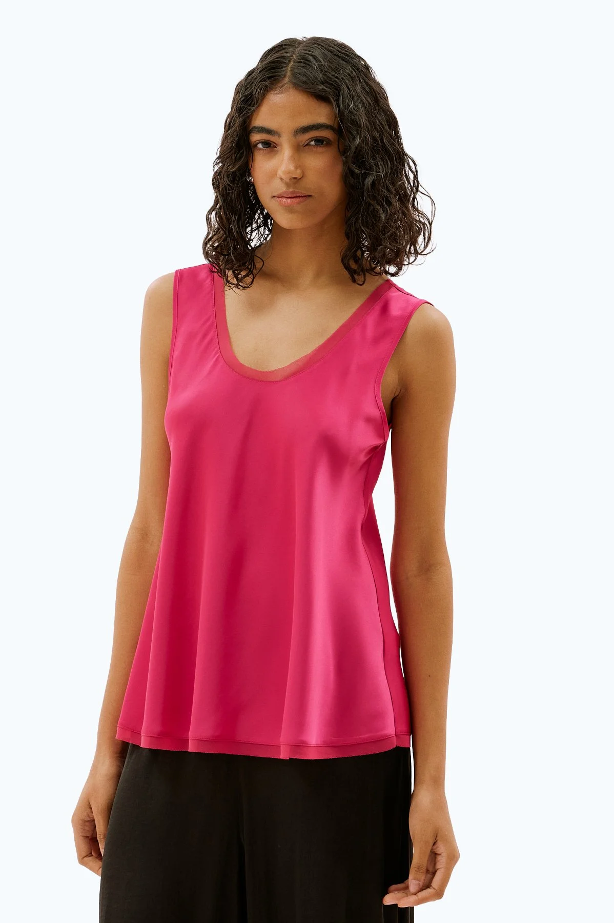 Şifon Biyeli Kolsuz Bluz Fuşya - 1