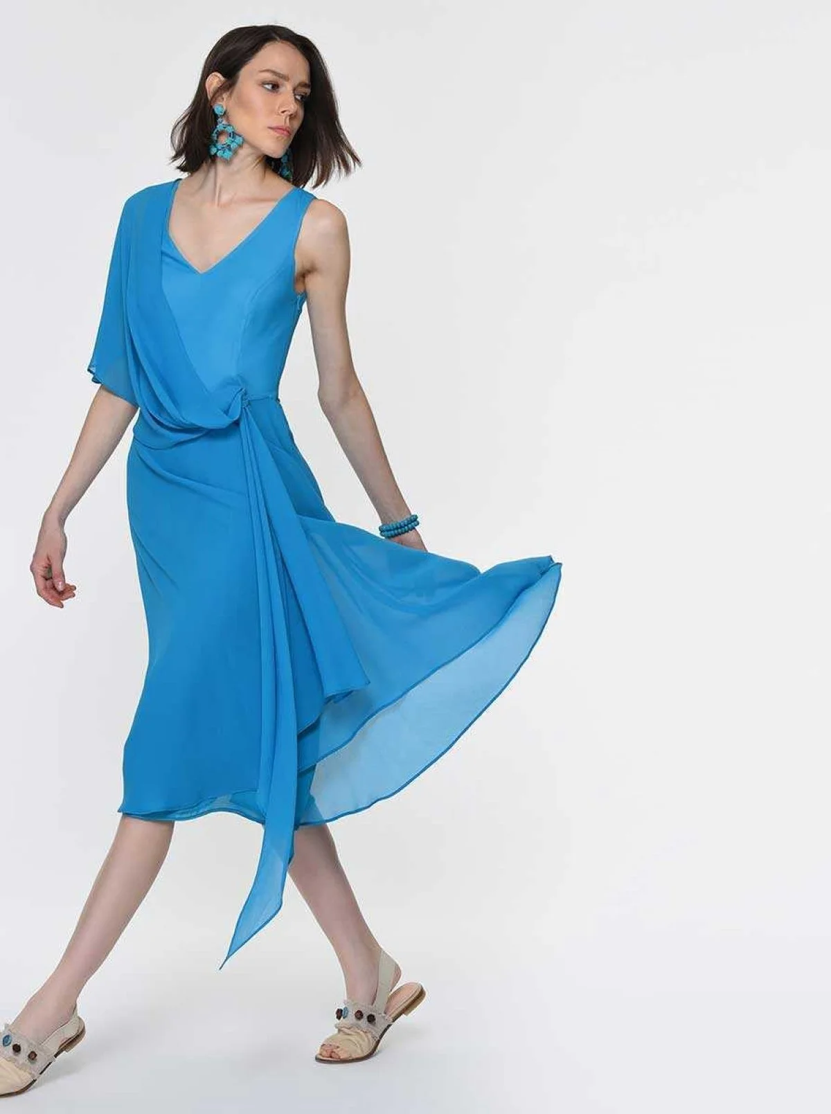 Şifon Detaylı Şifon Elbise Turkuaz - 3