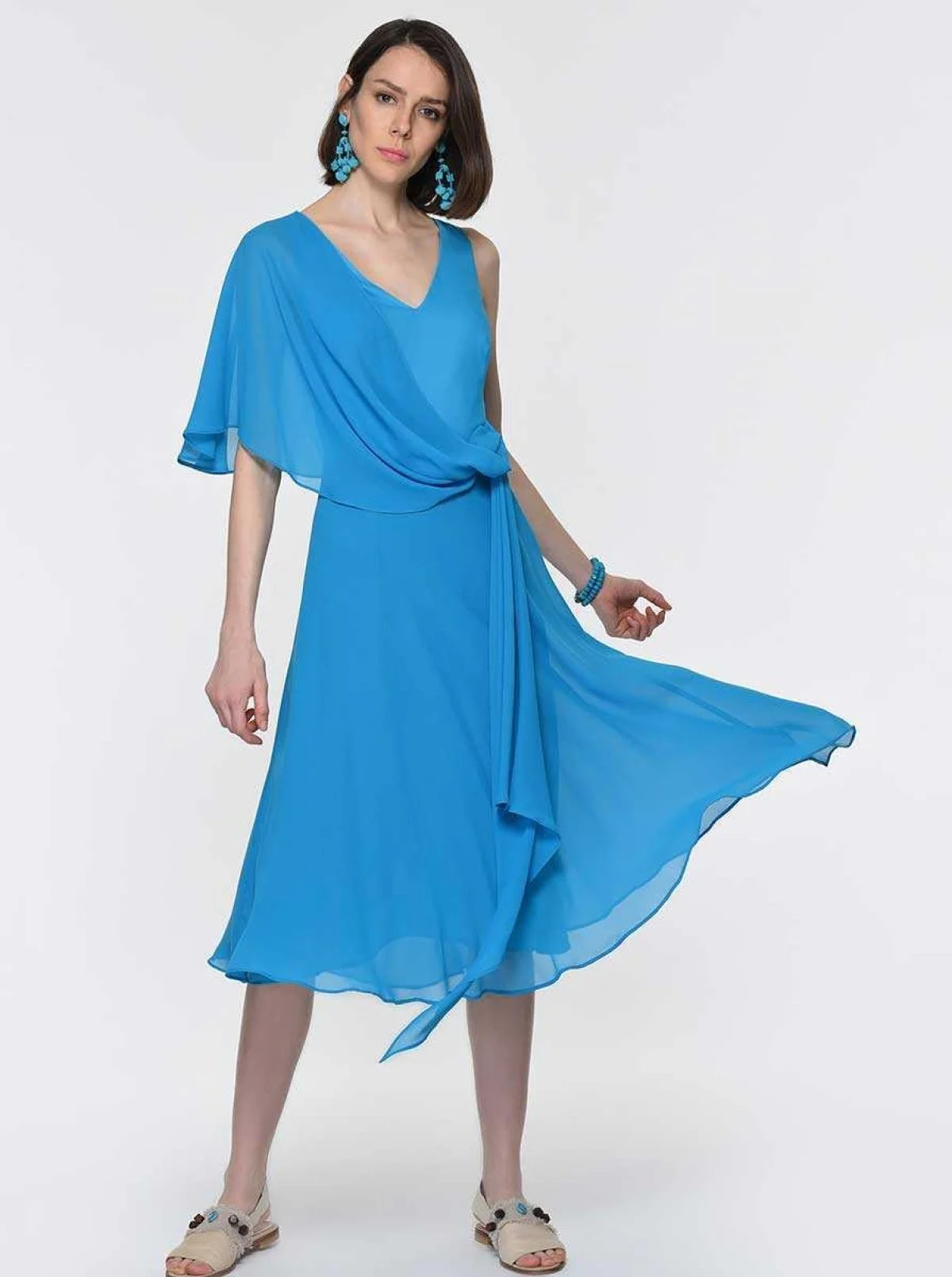 Şifon Detaylı Şifon Elbise Turkuaz - 1