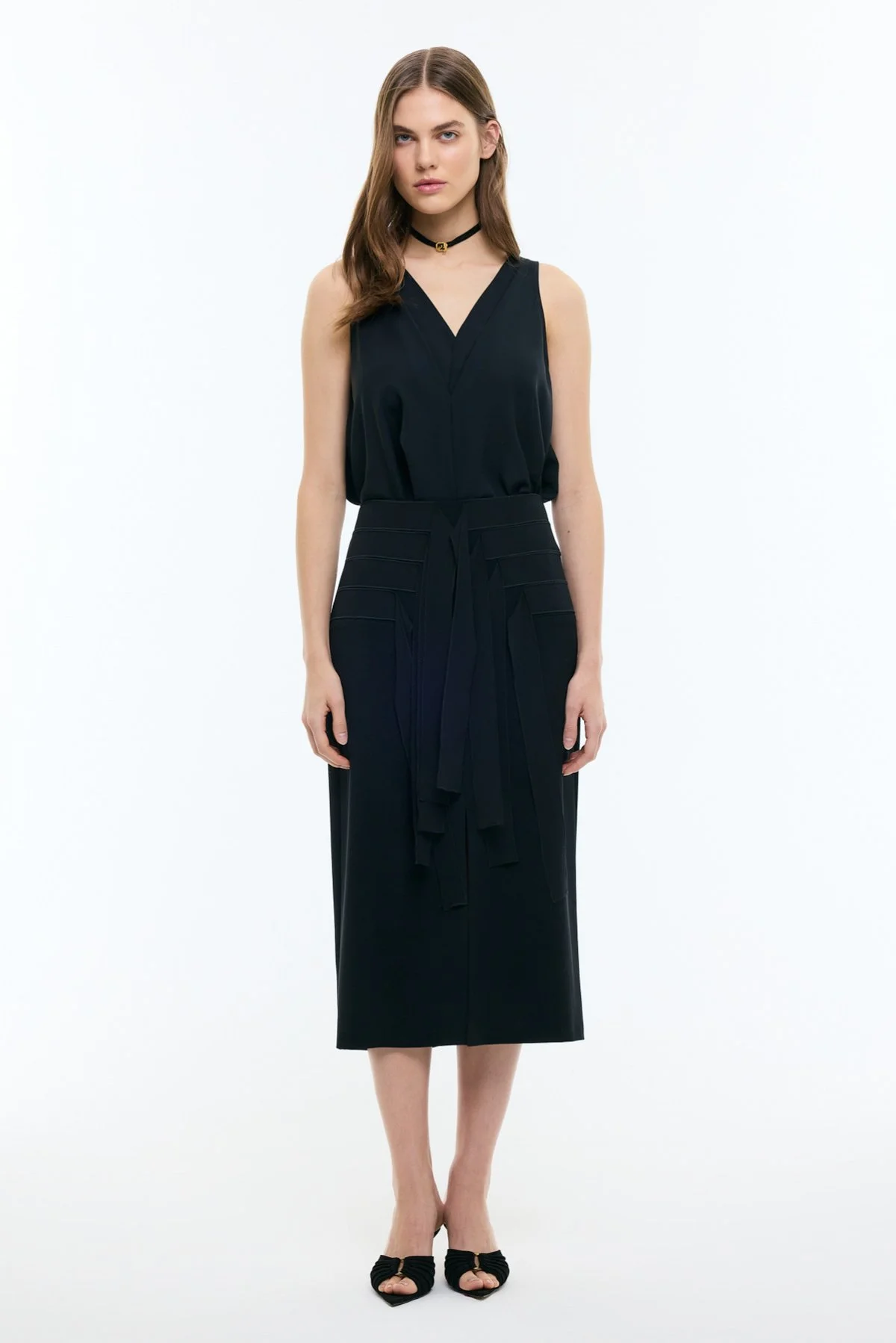 Şifon Detaylı Yırtmaçlı Midi Boy Etek Siyah - 1