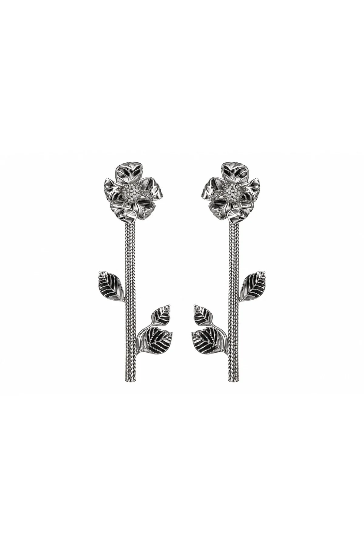 Çiçek Figürlü Yaprak Detaylı Sallantılı Küpe Silver - 1