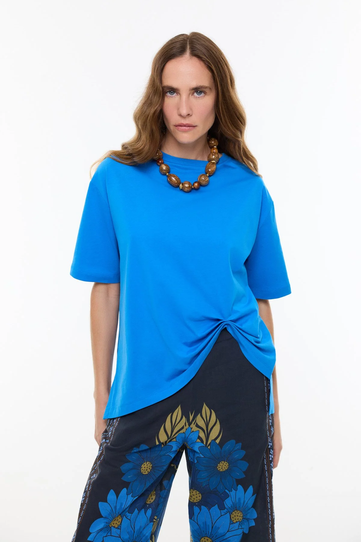 Sırt Baskılı Asimetrik T-shirt Turkuaz - 1