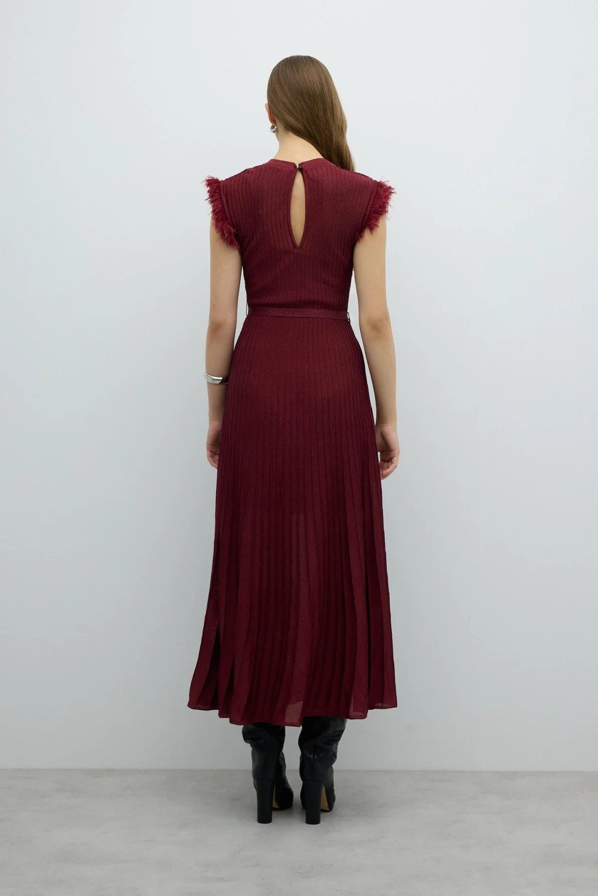 Sırt Dekolteli Beli Bağlama Detaylı Triko Elbise Bordo - 2