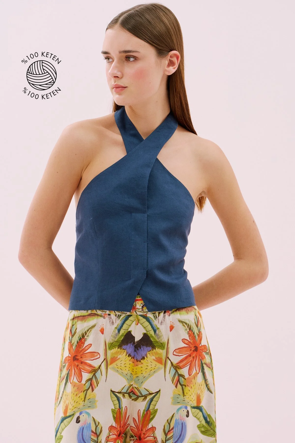 Sırt Dekolteli Çapraz Askılı Keten Büstiyer Lacivert - 1