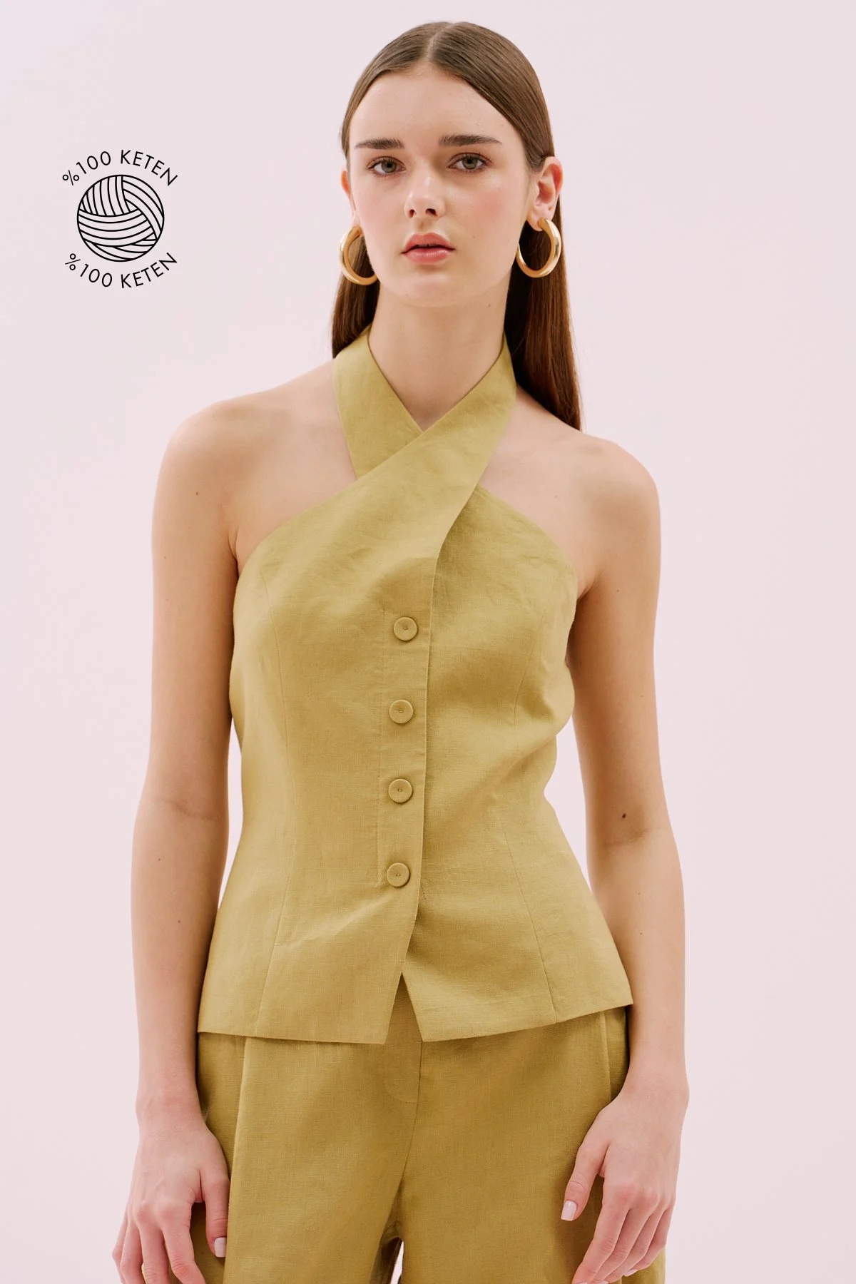Sırt Dekolteli Çapraz Askılı Keten Yelek Olive - 1