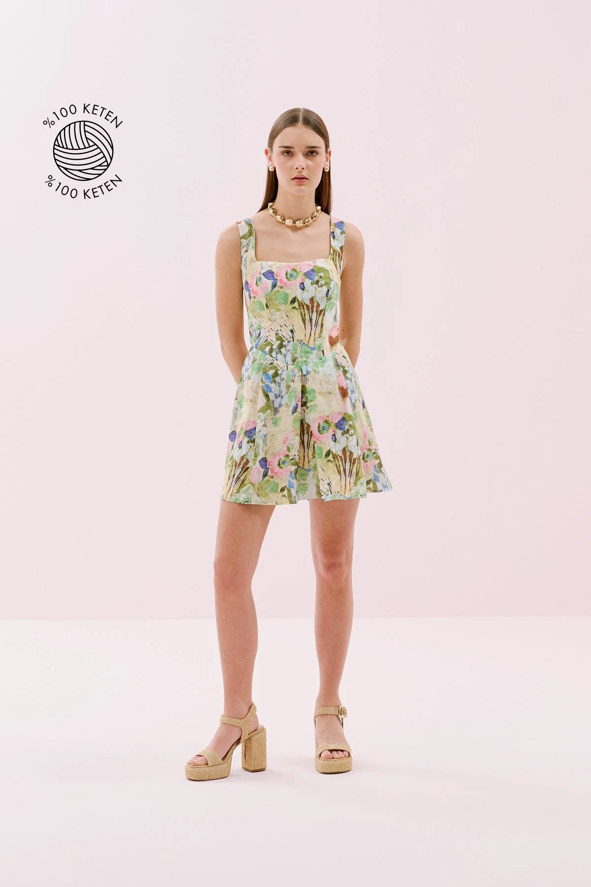 Sırt Dekolteli Kalın Askılı Mini Keten Elbise Standart Renk - 1