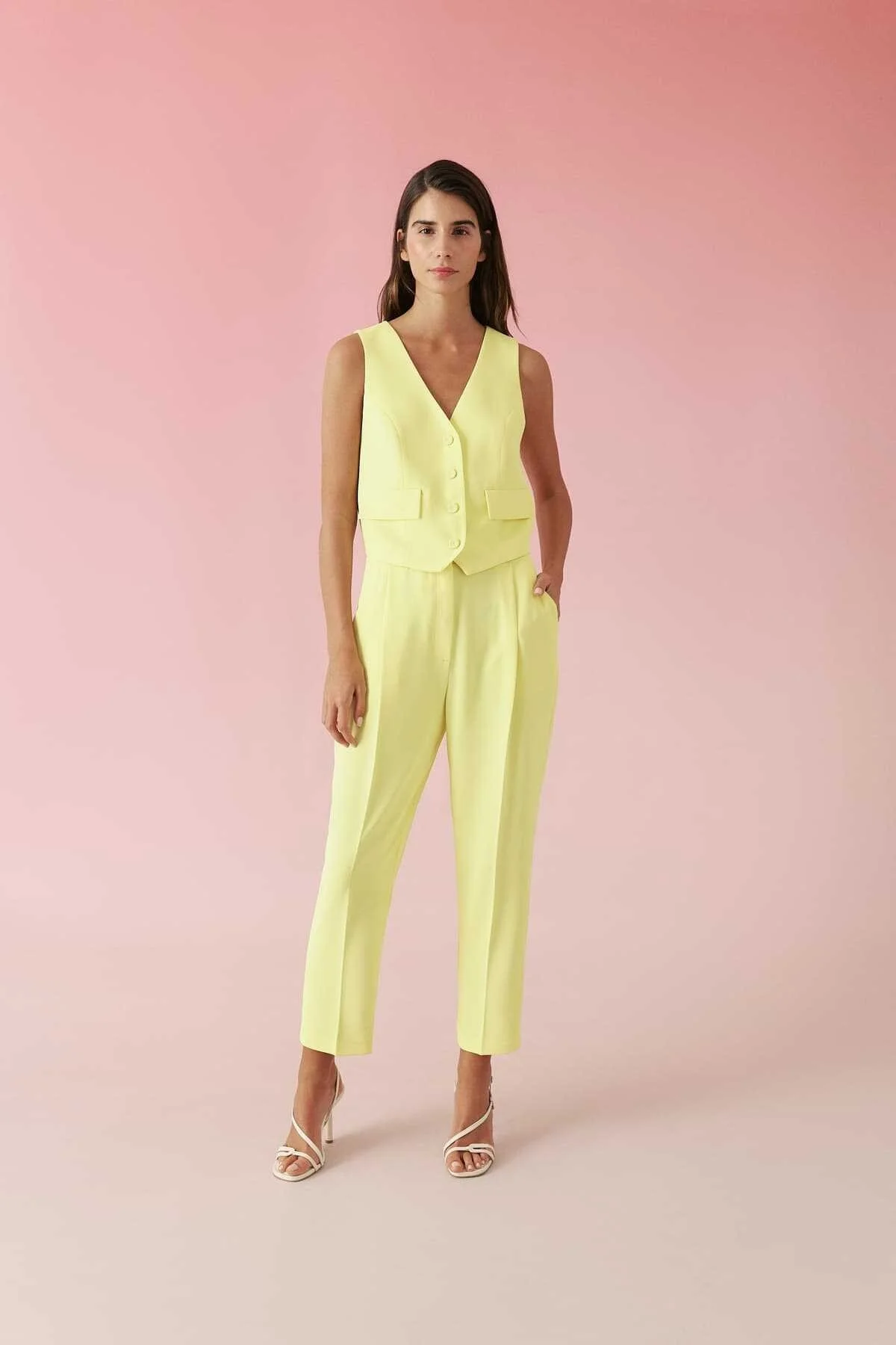 Sırt Dekolteli V Yaka Krep Yelek Sarı - 3