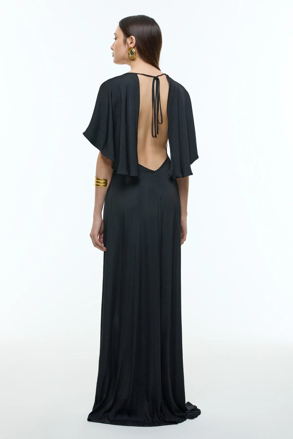 Pelerin Detaylı Sırt Dekolteli Maksi Boy Elbise Siyah - 2