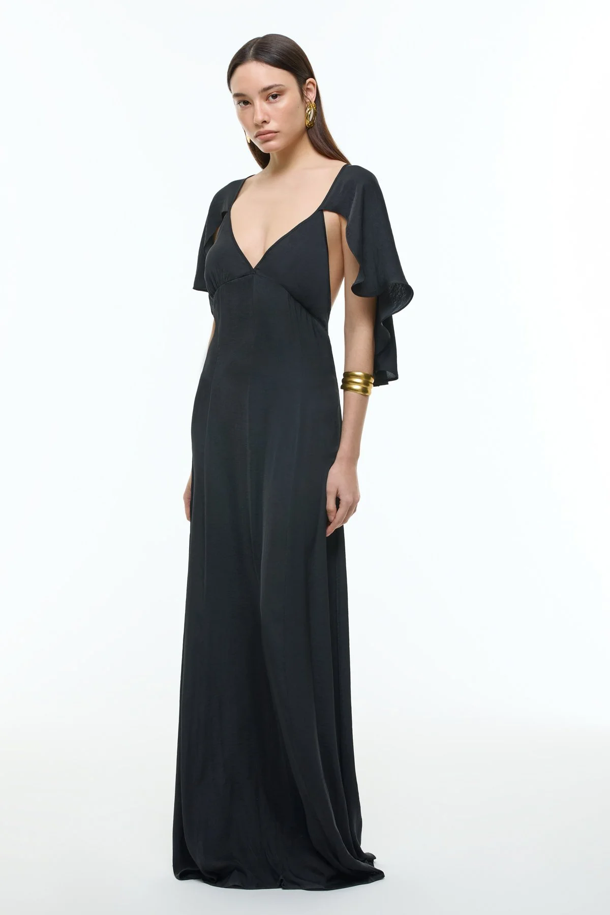 Pelerin Detaylı Sırt Dekolteli Maksi Boy Elbise Siyah - 1