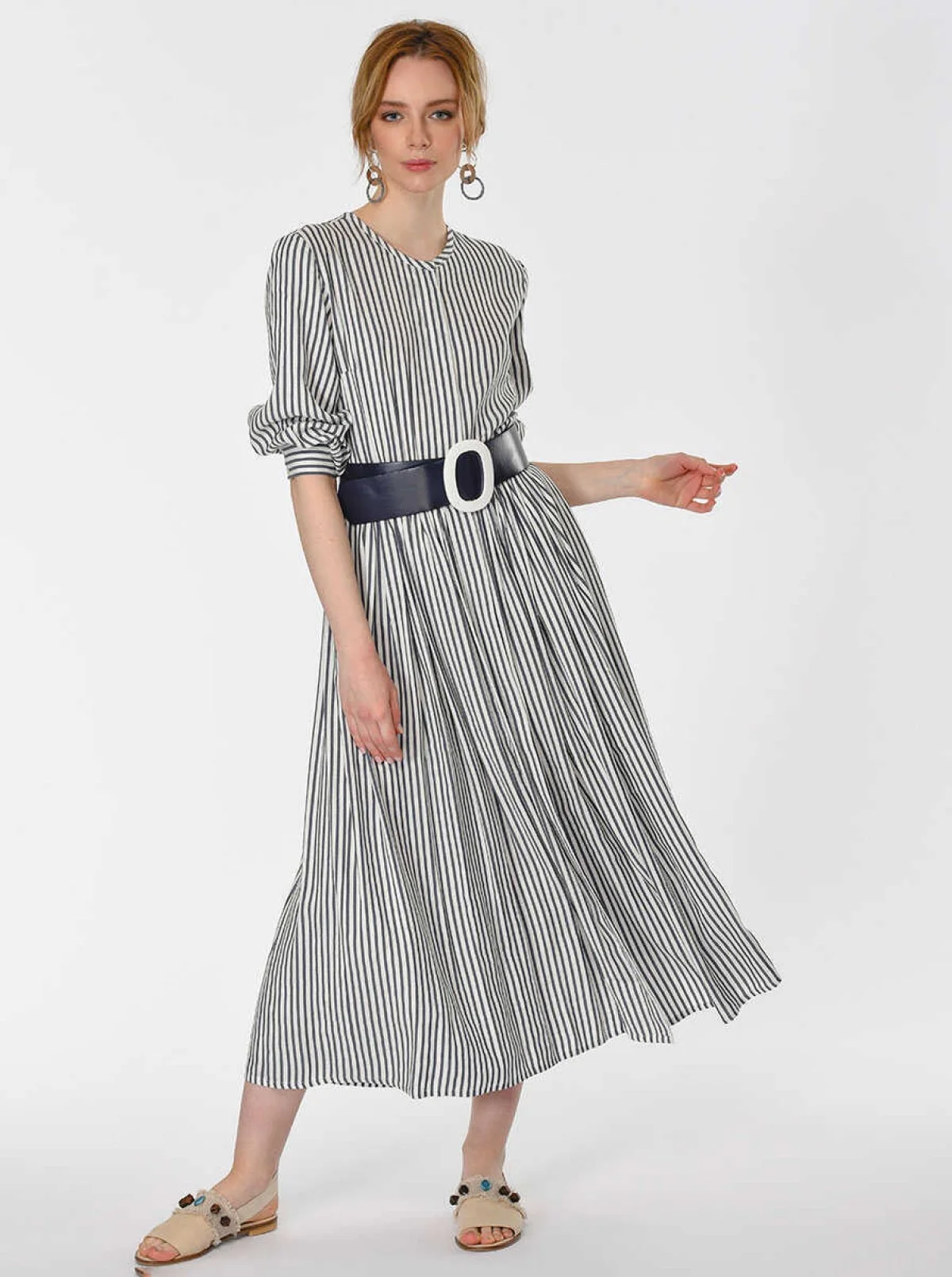 Siyah Çizgili Uzun Elbise Standart Renk - 4